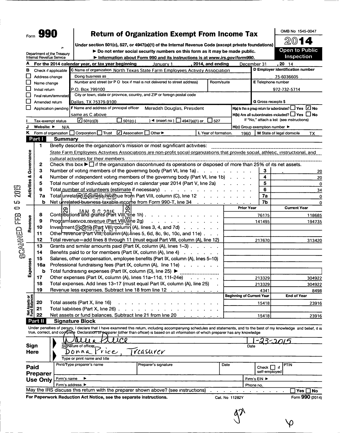 Image of first page of 2014 Form 990 for North Texas State Farm Employees Activities Association