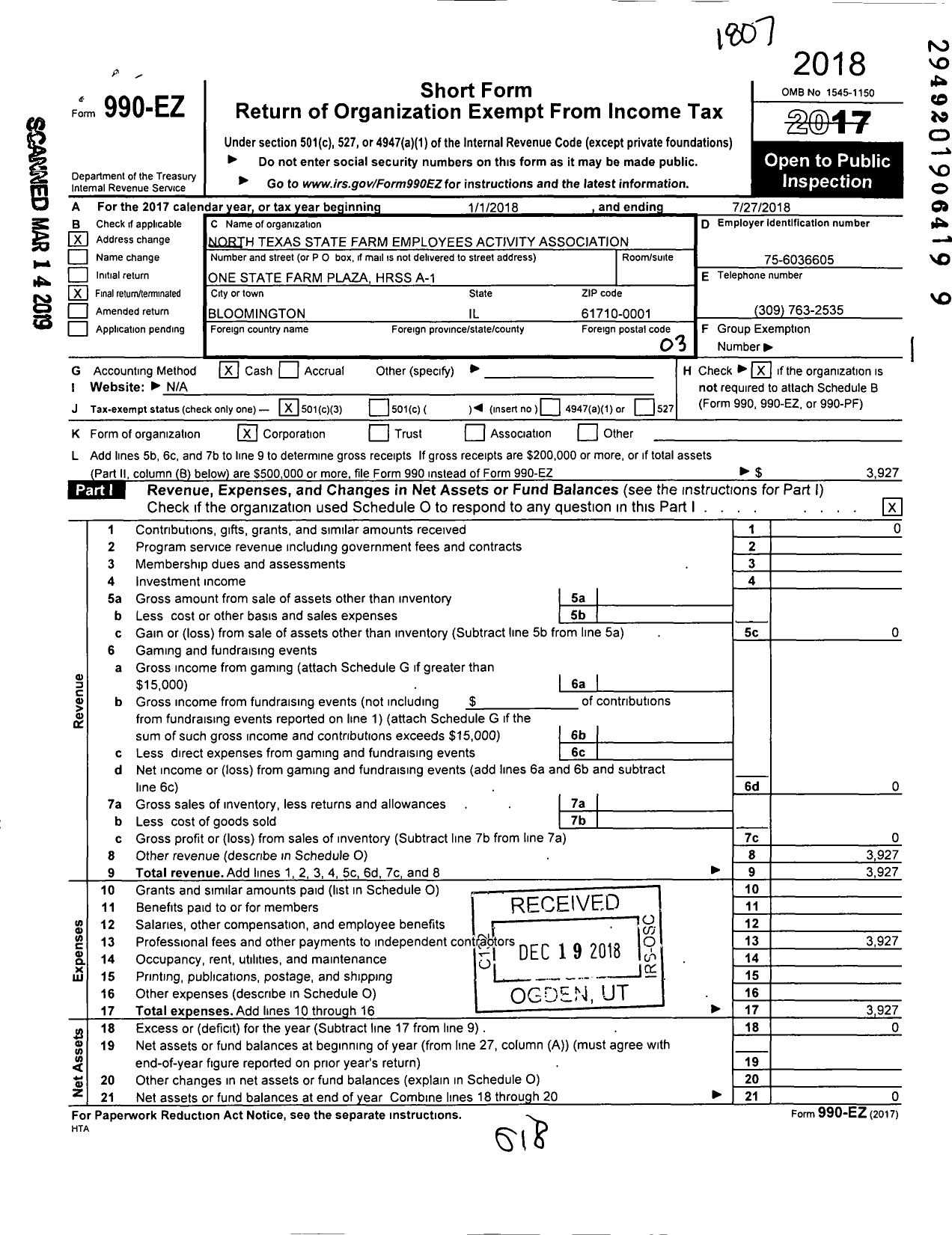 Image of first page of 2017 Form 990EZ for North Texas State Farm Employees Activities Association