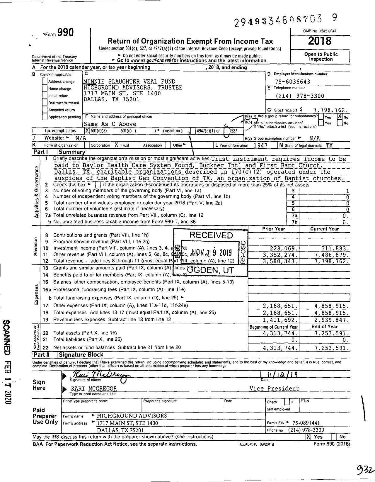 Image of first page of 2018 Form 990 for Minnie Slaughter Veal Fund Highground Advisors Trustee