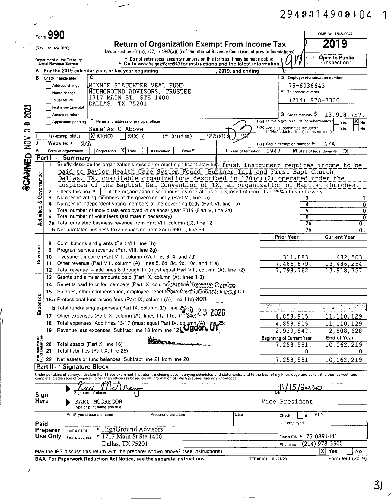 Image of first page of 2019 Form 990 for Minnie Slaughter Veal Fund Highground Advisors Trustee