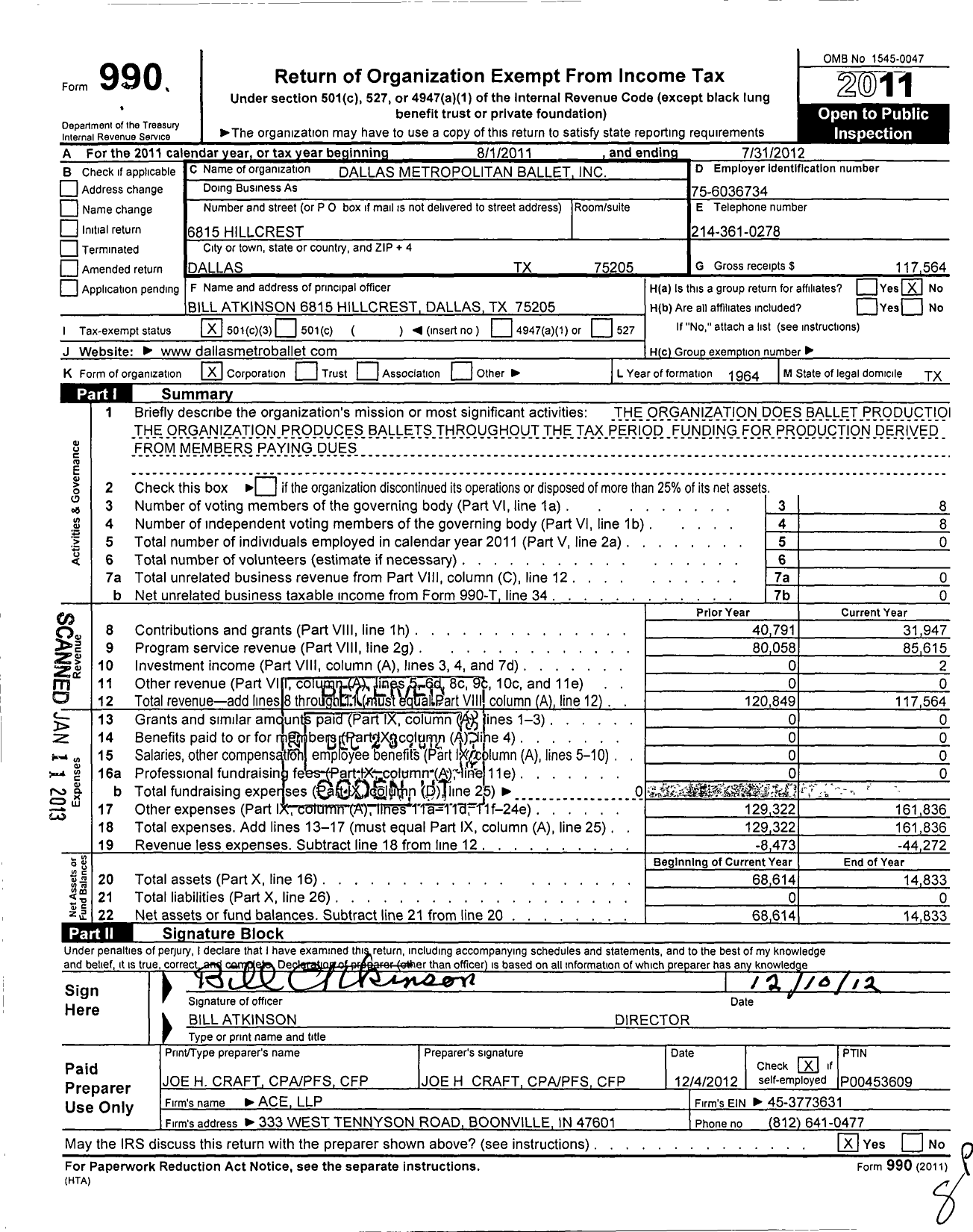 Image of first page of 2011 Form 990 for Dallas Metropolitan Ballet