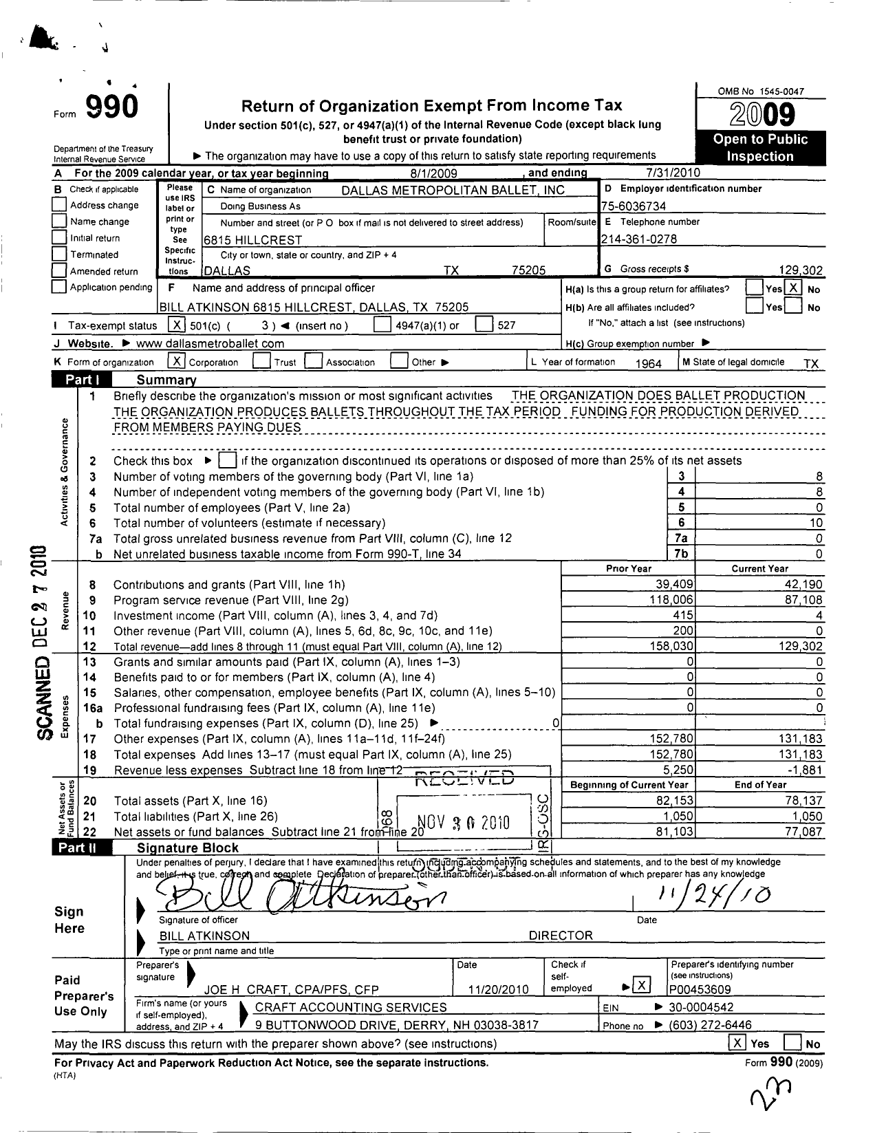 Image of first page of 2009 Form 990 for Dallas Metropolitan Ballet