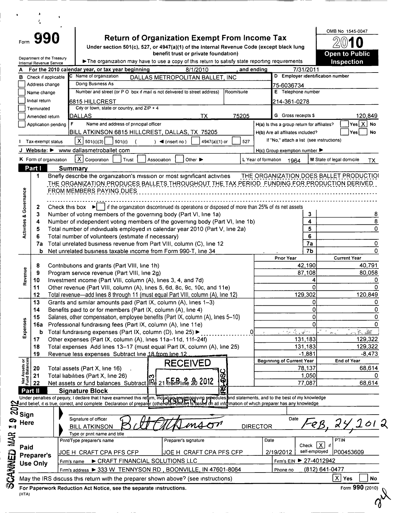 Image of first page of 2010 Form 990 for Dallas Metropolitan Ballet