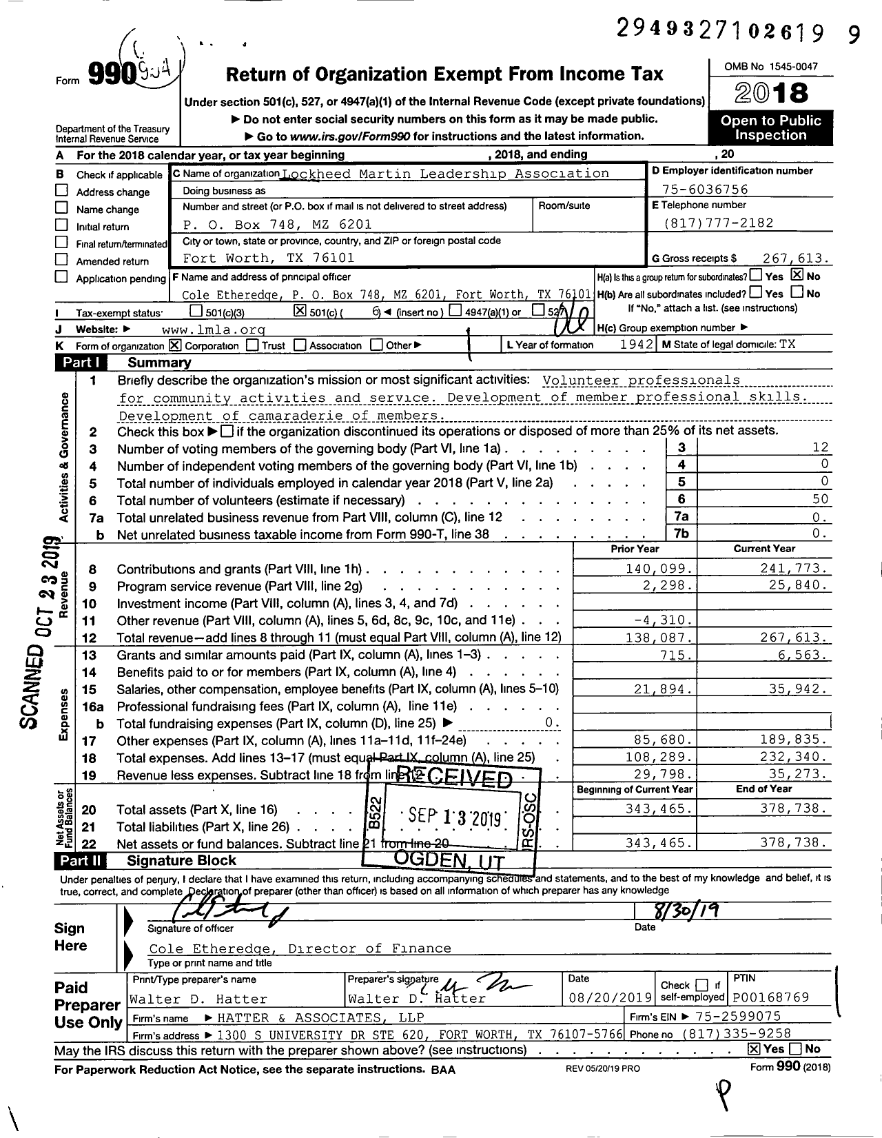 Image of first page of 2018 Form 990O for National Management Association - 249 Lockheed Martin Ldrship Association