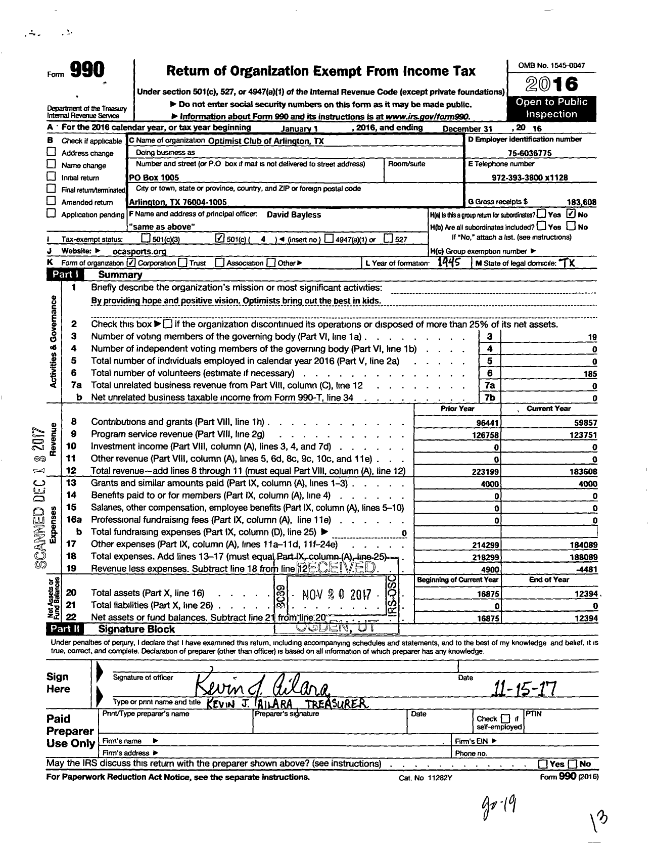 Image of first page of 2016 Form 990O for Optimist International - 38010 Optimist Club of Arlington TX