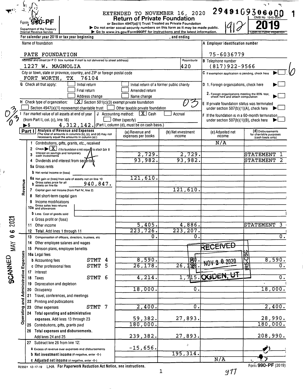 Image of first page of 2019 Form 990PF for Pate Foundation