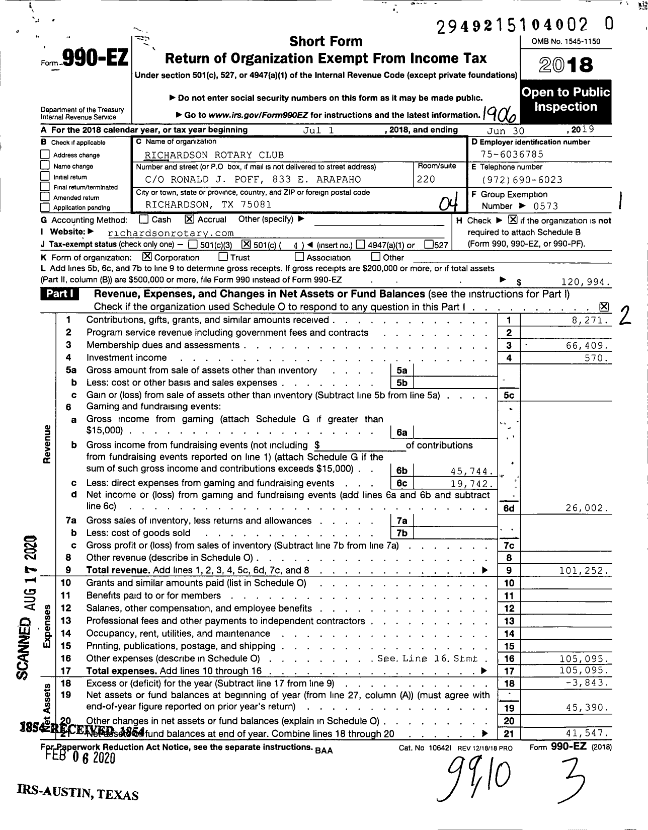 Image of first page of 2018 Form 990EO for Rotary International - Richardson