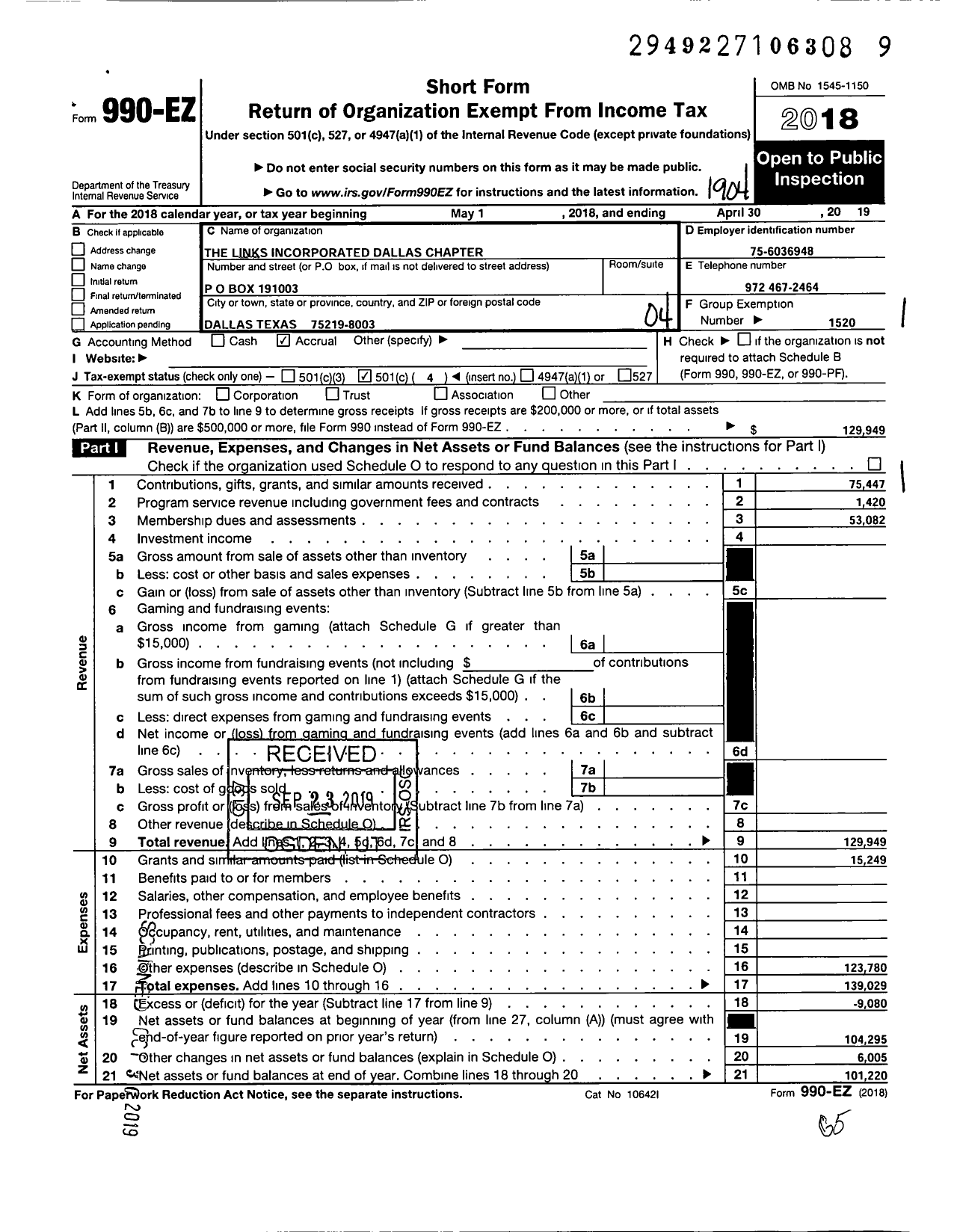 Image of first page of 2018 Form 990EO for The Links Dallas Chapter