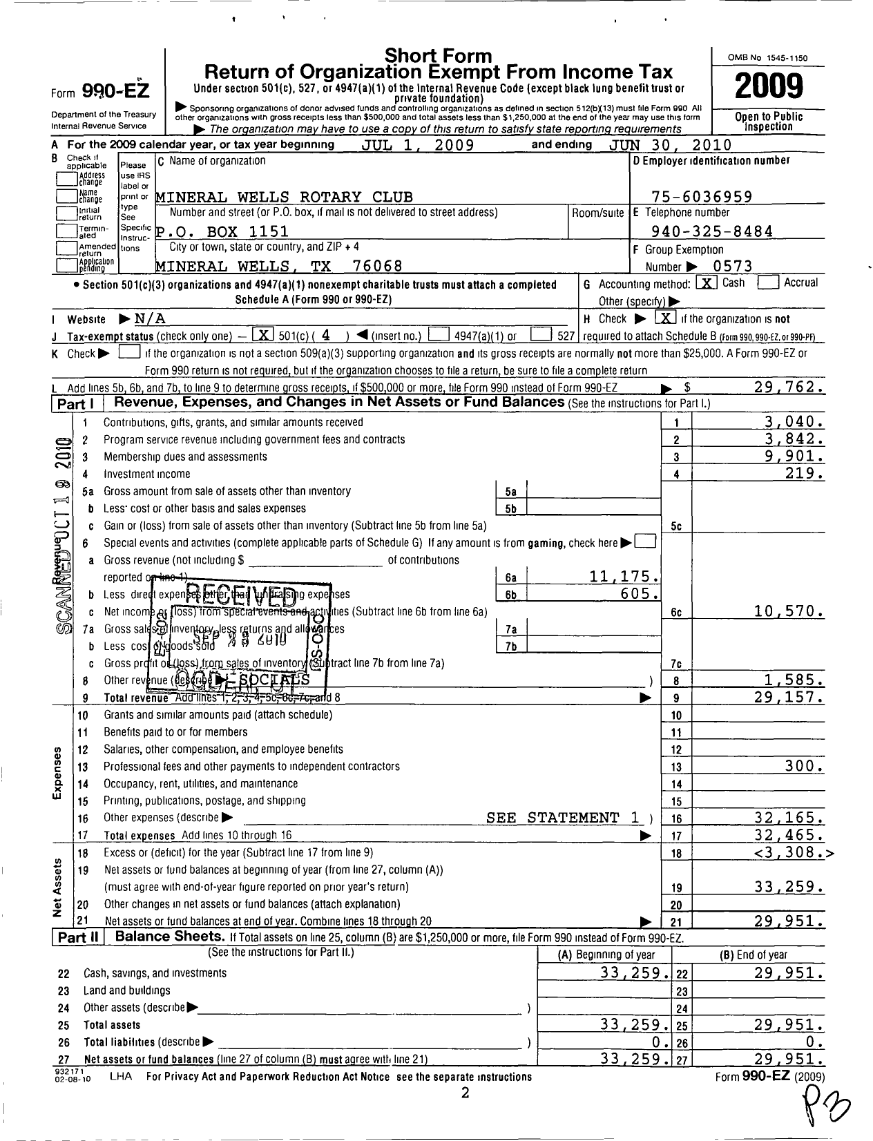 Image of first page of 2009 Form 990EO for Rotary International - Mineral Wells Rotary Club