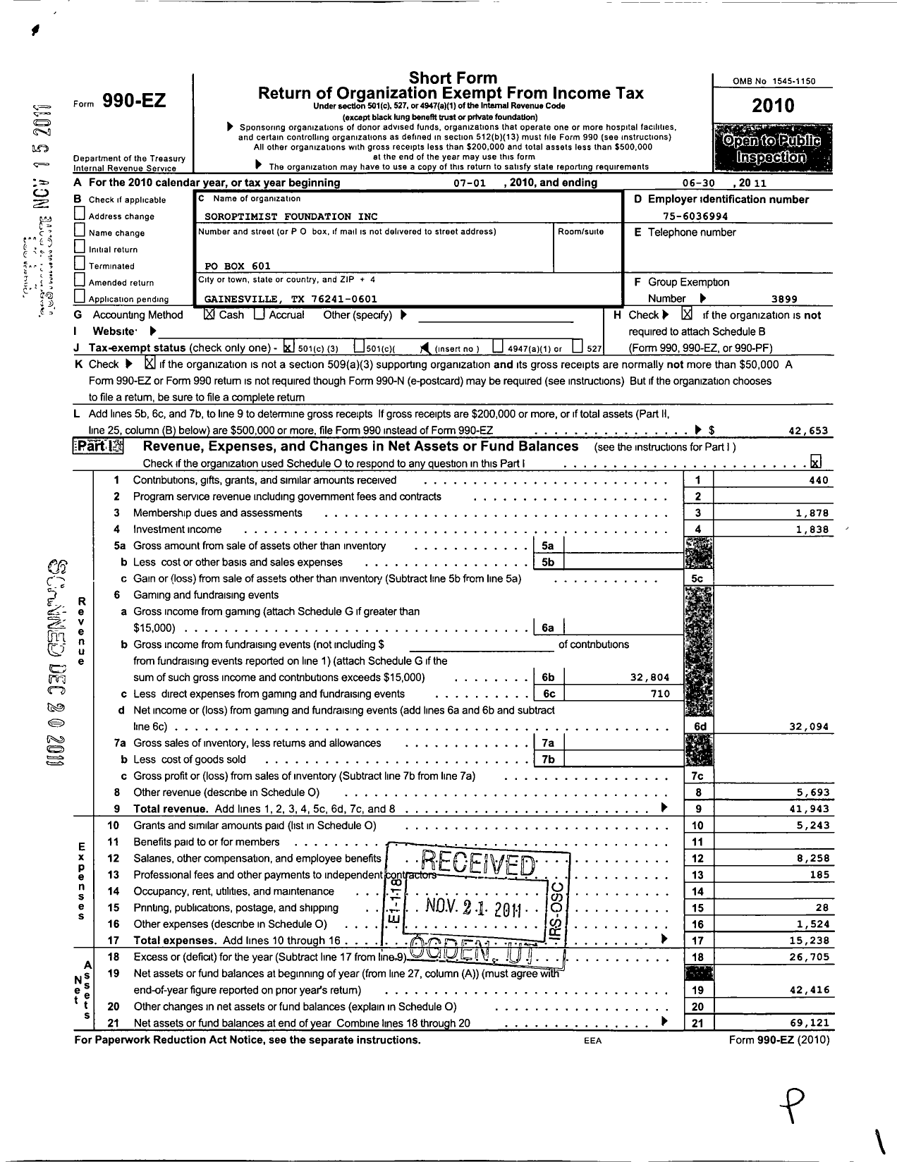 Image of first page of 2010 Form 990EZ for Soroptimist International of the Americas - 106311 Gainesville TX