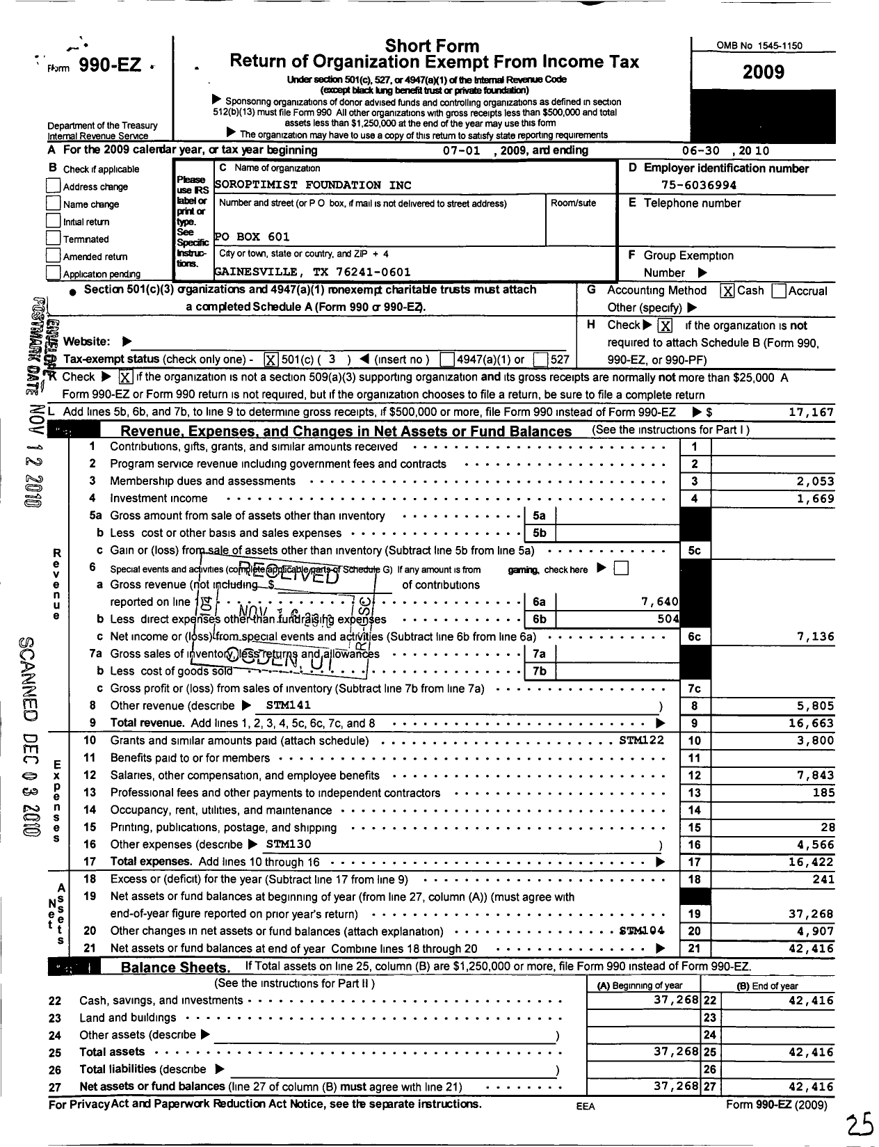 Image of first page of 2009 Form 990EZ for Soroptimist International of the Americas - 106311 Gainesville TX