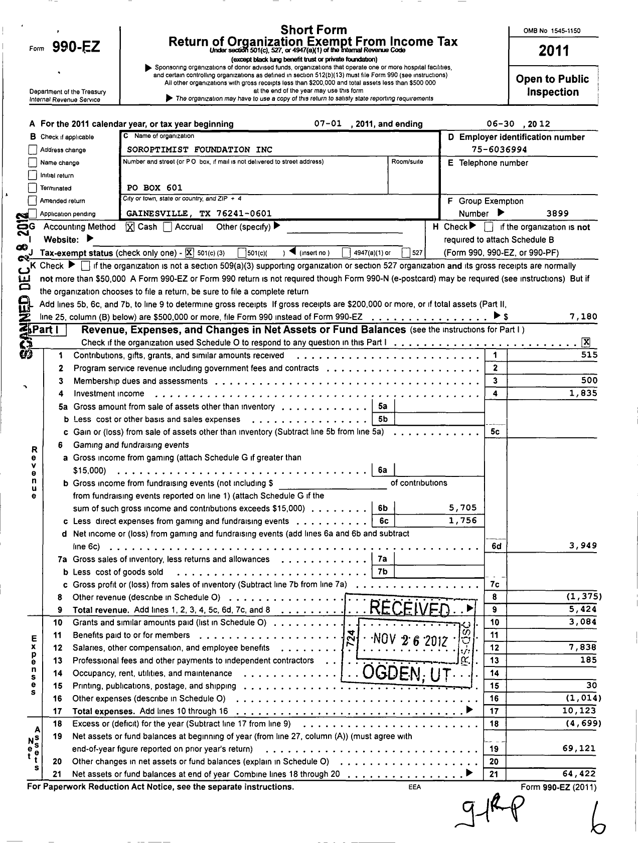 Image of first page of 2011 Form 990EZ for Soroptimist International of the Americas - 106311 Gainesville TX