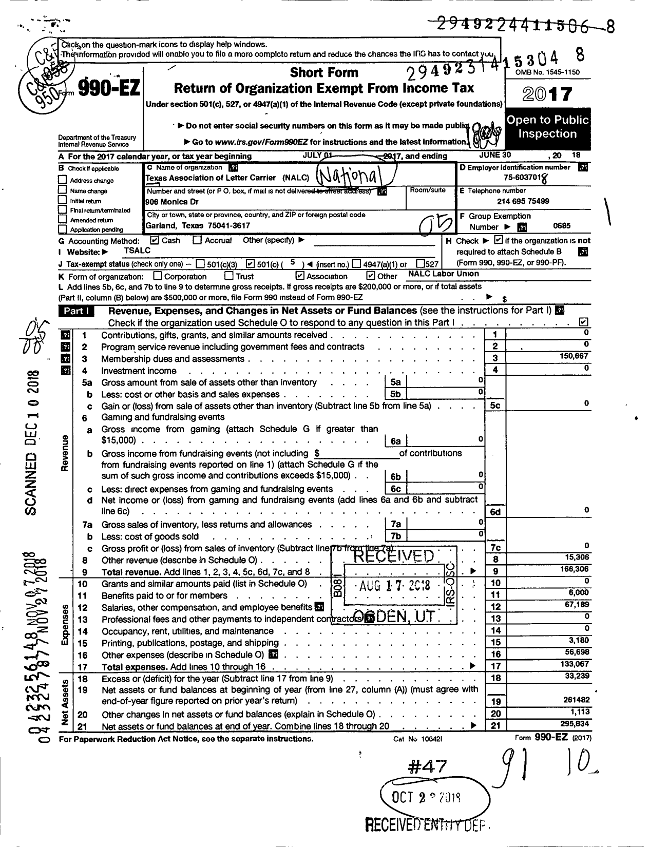 Image of first page of 2017 Form 990EO for National Association of Letter Carriers - Texas State Association