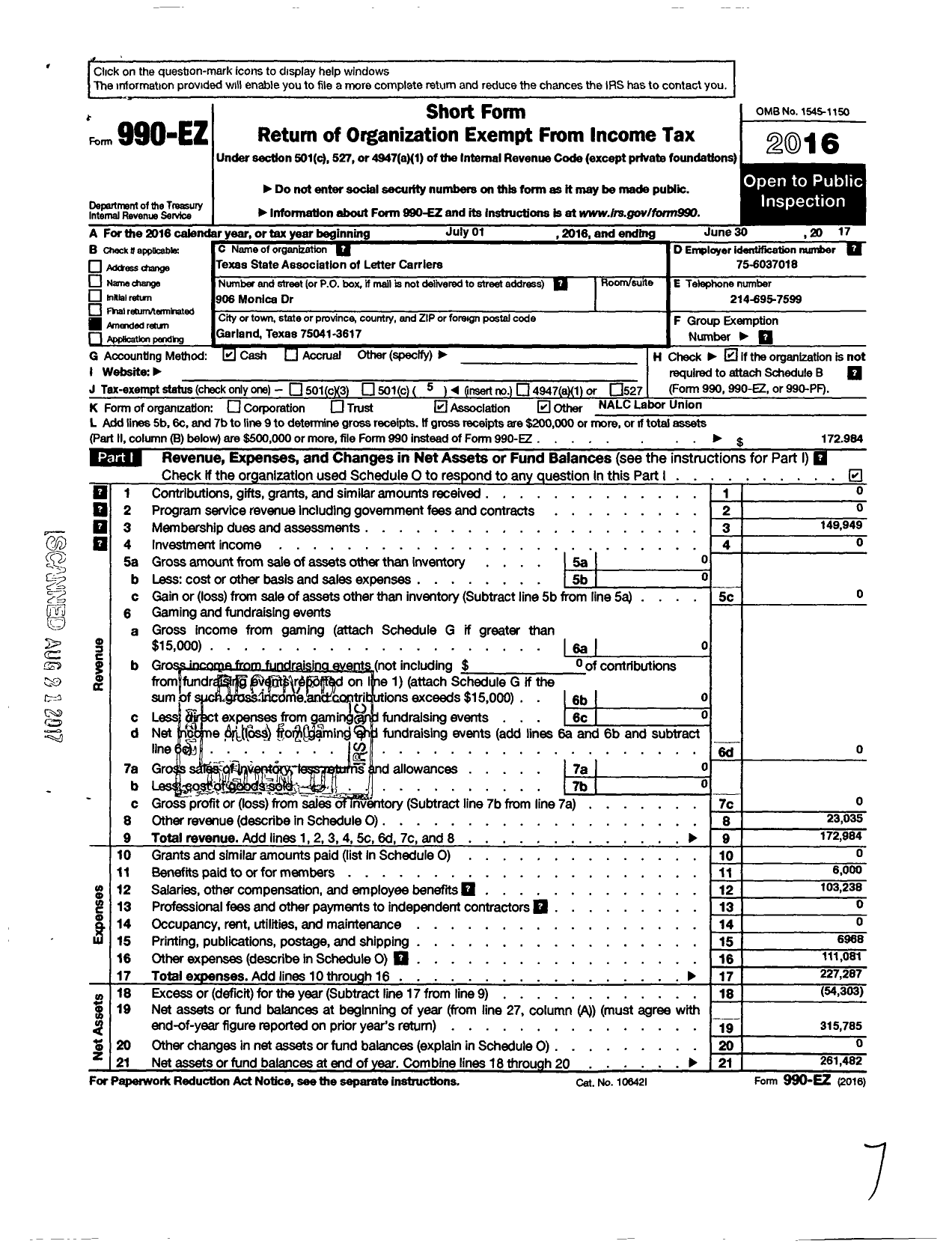 Image of first page of 2016 Form 990EO for National Association of Letter Carriers - Texas State Association