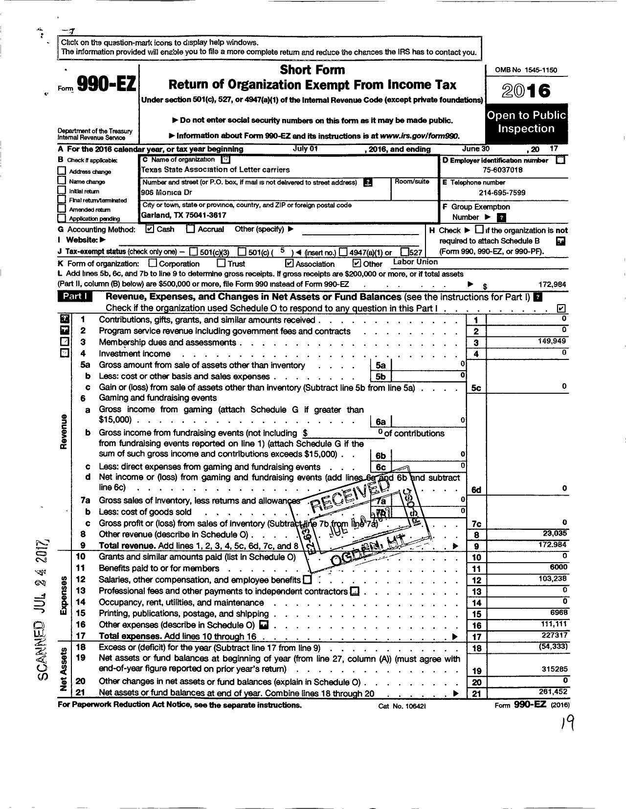 Image of first page of 2016 Form 990EO for National Association of Letter Carriers - Texas State Association