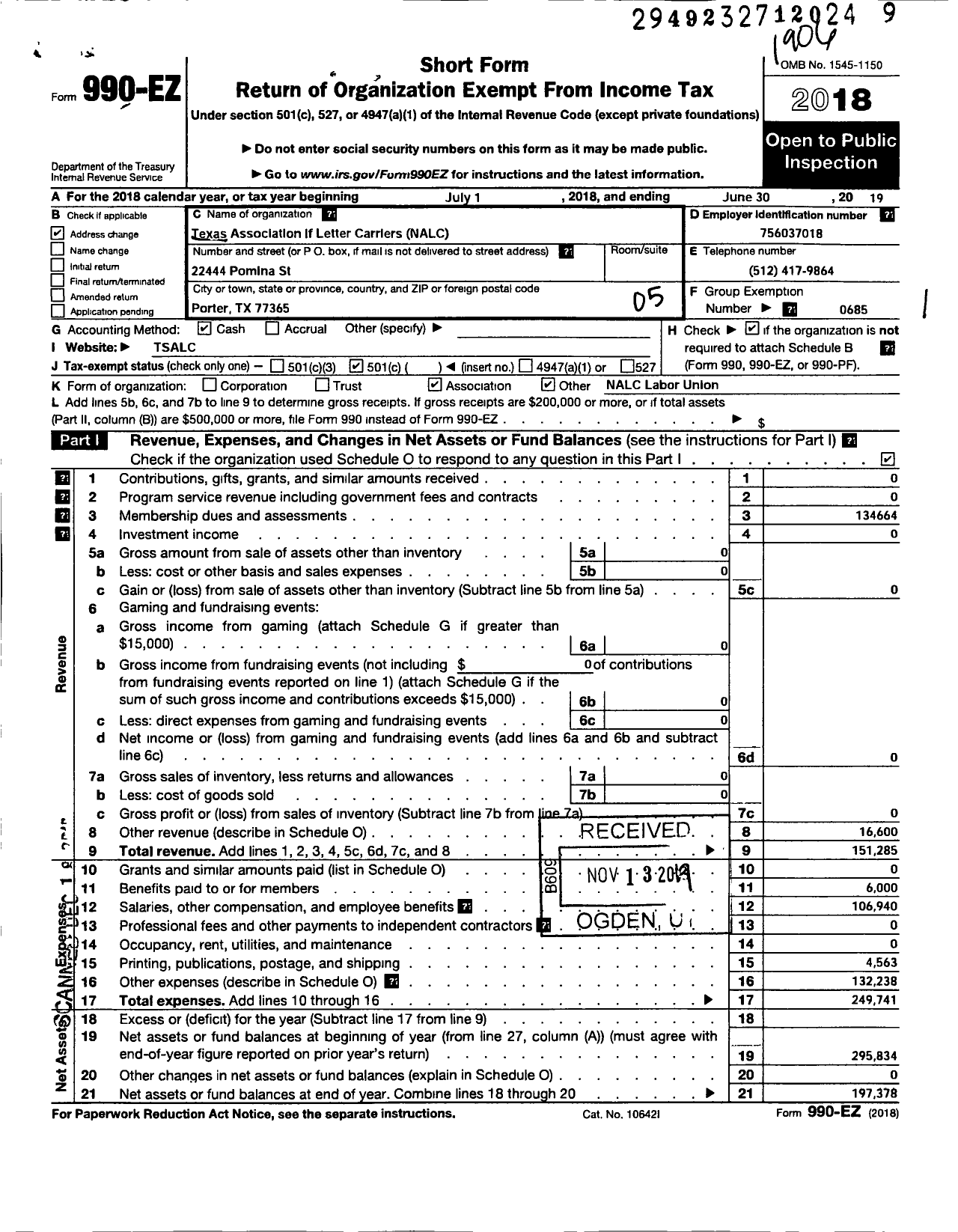 Image of first page of 2018 Form 990EO for National Association of Letter Carriers - Texas State Association