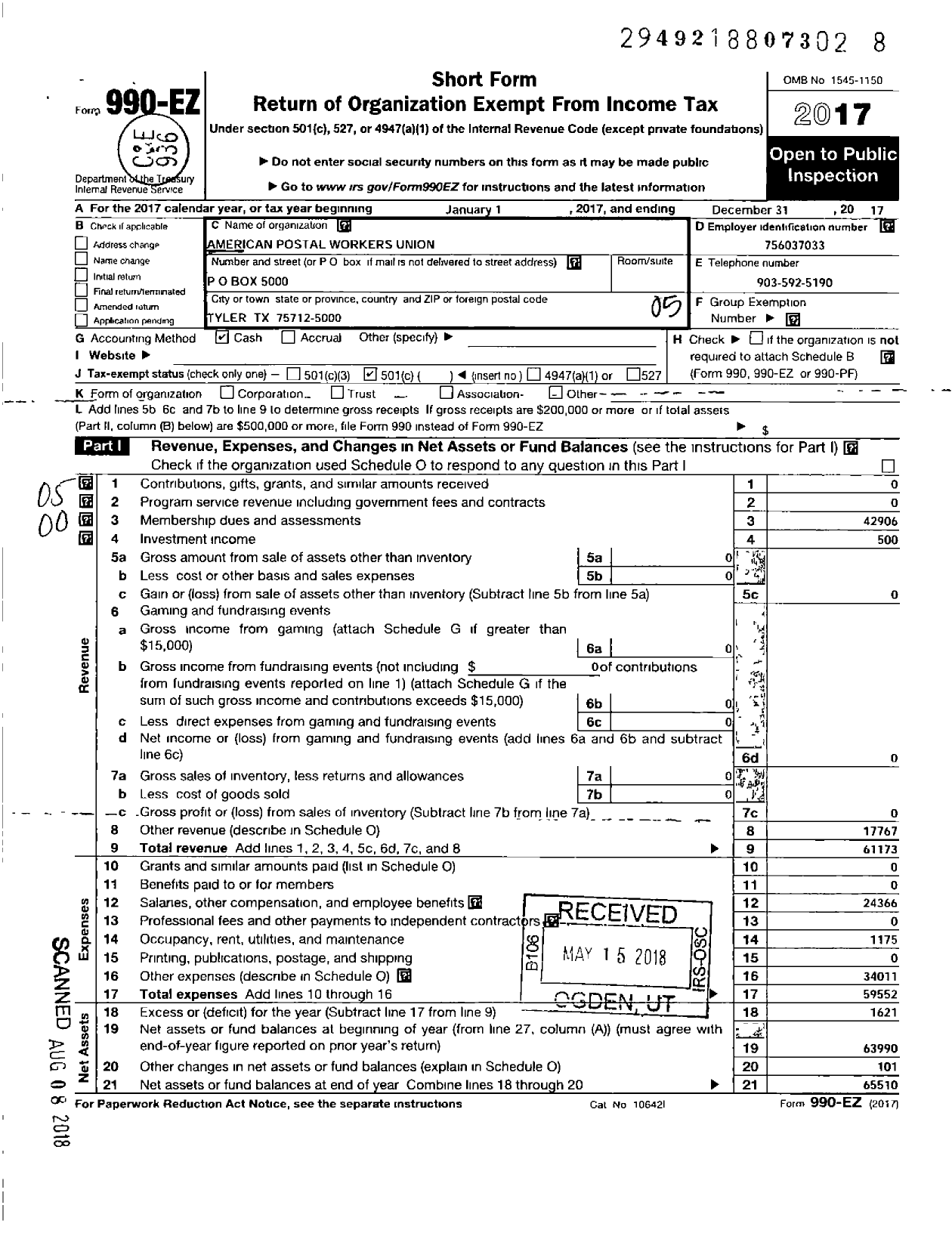 Image of first page of 2017 Form 990EO for American Postal Workers Union