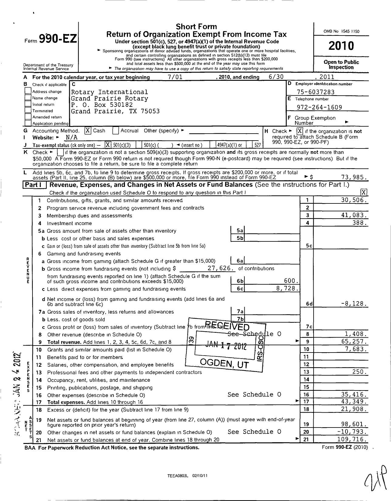 Image of first page of 2010 Form 990EZ for Rotary International - Grand Prairie Rotary