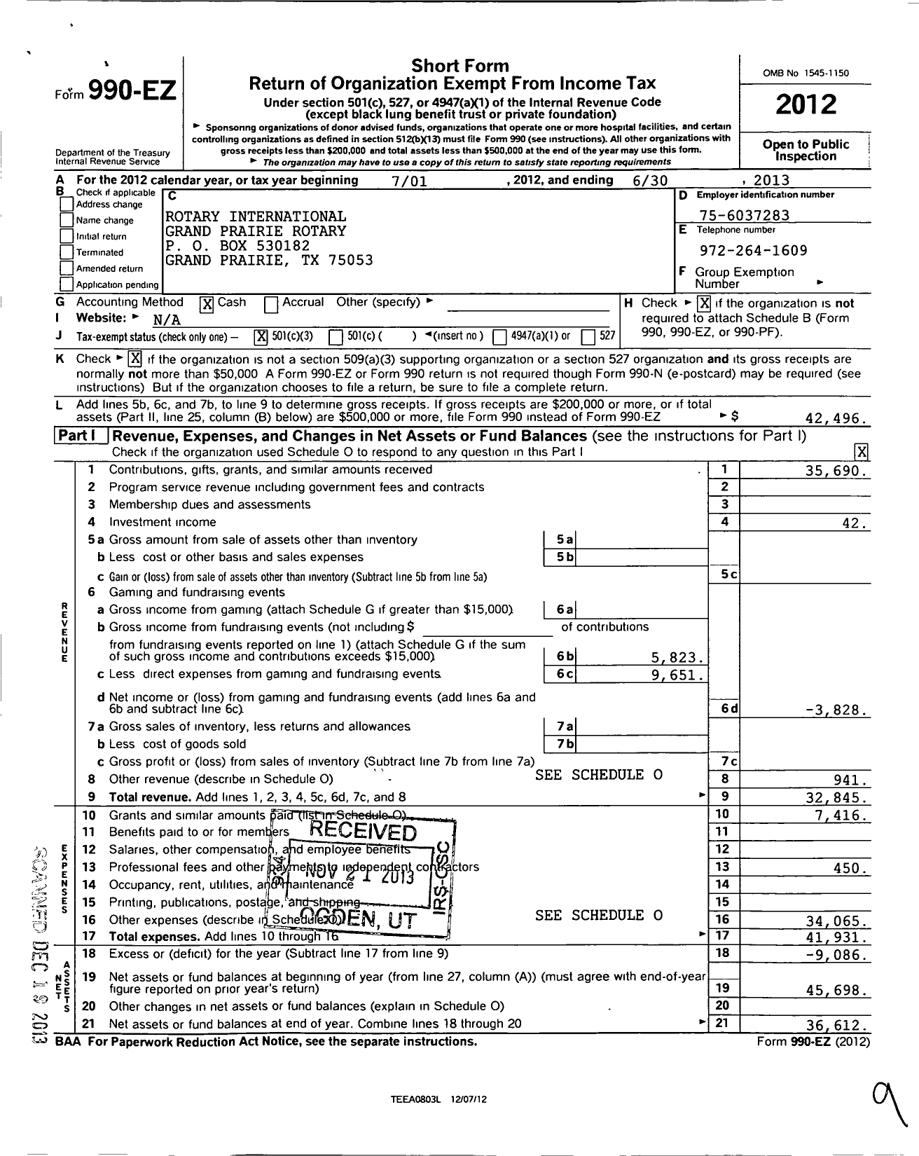 Image of first page of 2012 Form 990EZ for Rotary International - Grand Prairie Rotary