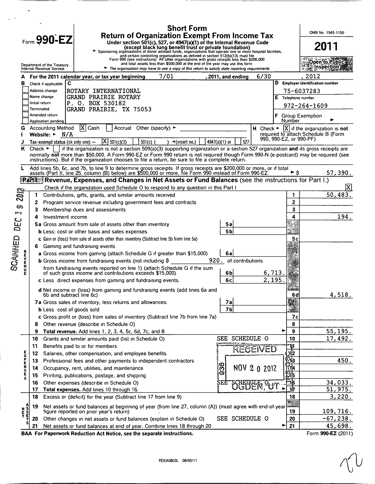 Image of first page of 2011 Form 990EZ for Rotary International - Grand Prairie Rotary