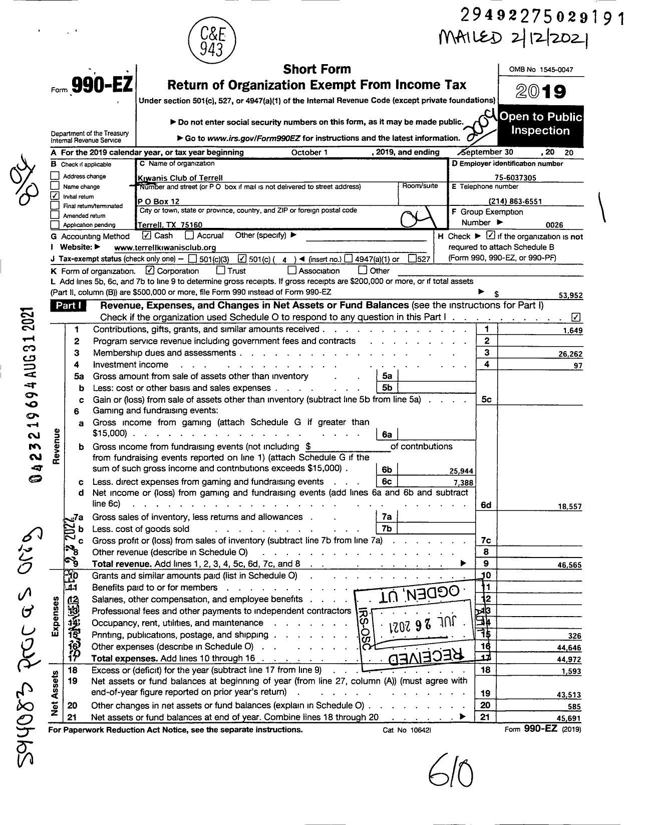 Image of first page of 2019 Form 990EO for Kiwanis International - K03948 Terrell