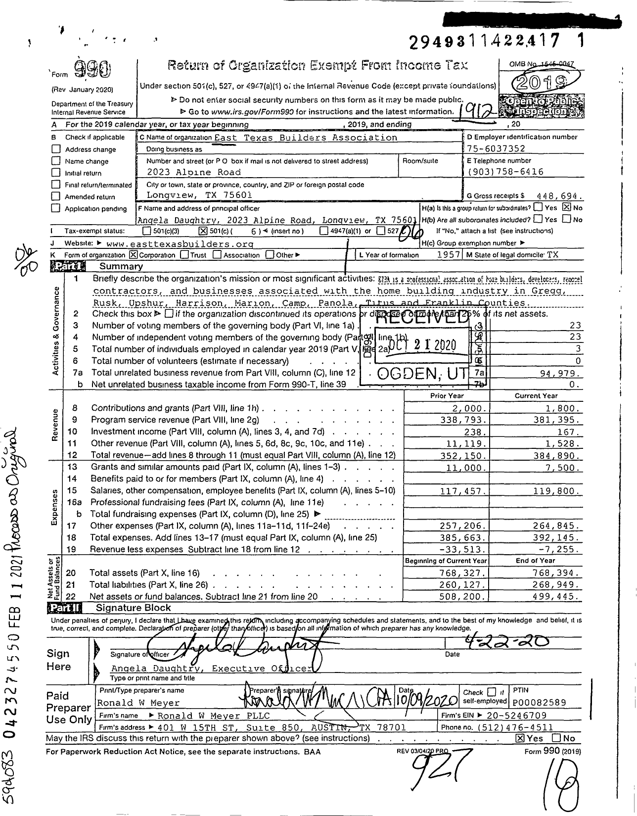 Image of first page of 2019 Form 990O for East Texas Builders Association