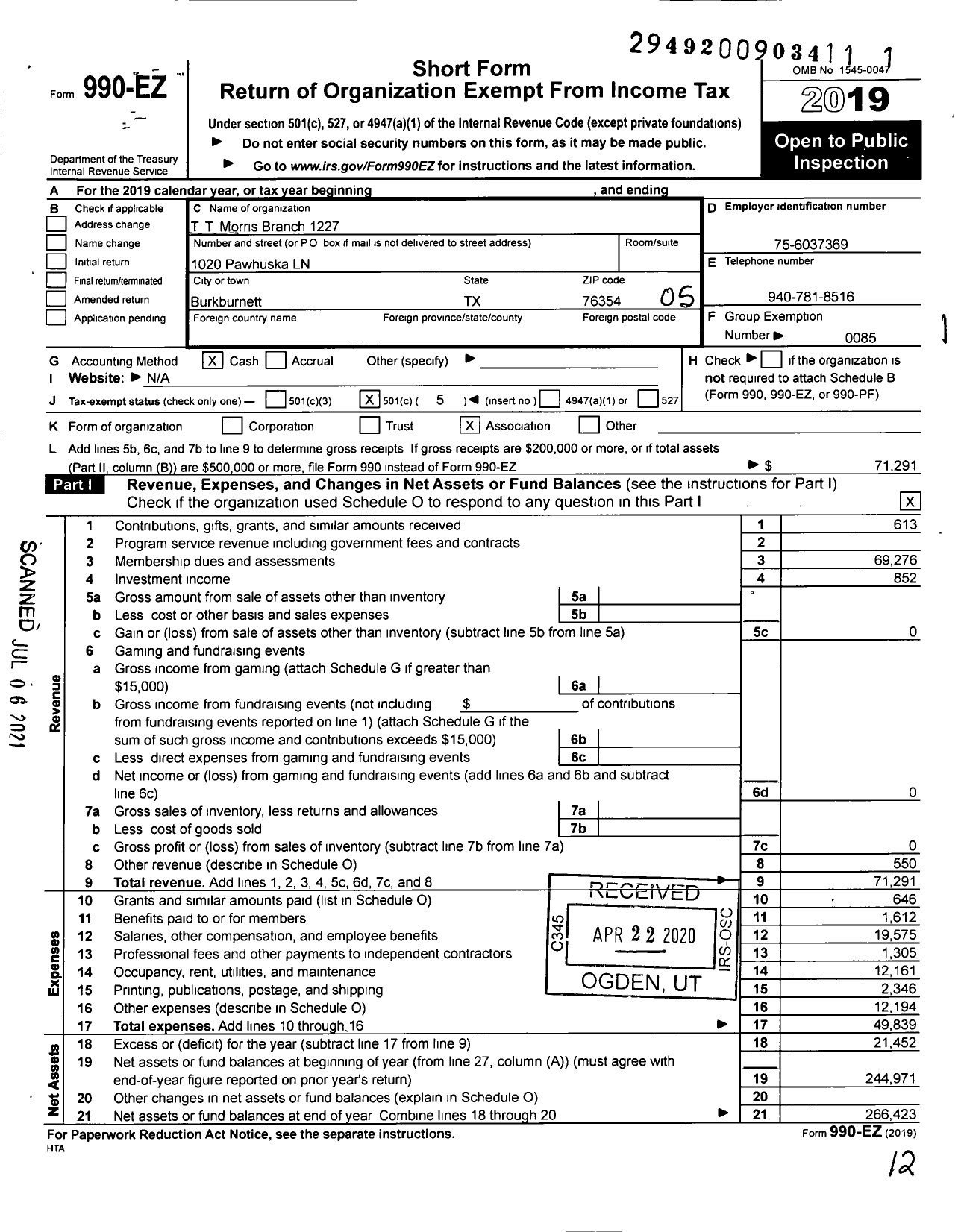 Image of first page of 2019 Form 990EO for National Association of Letter Carriers - 1227 T T Morris Branch