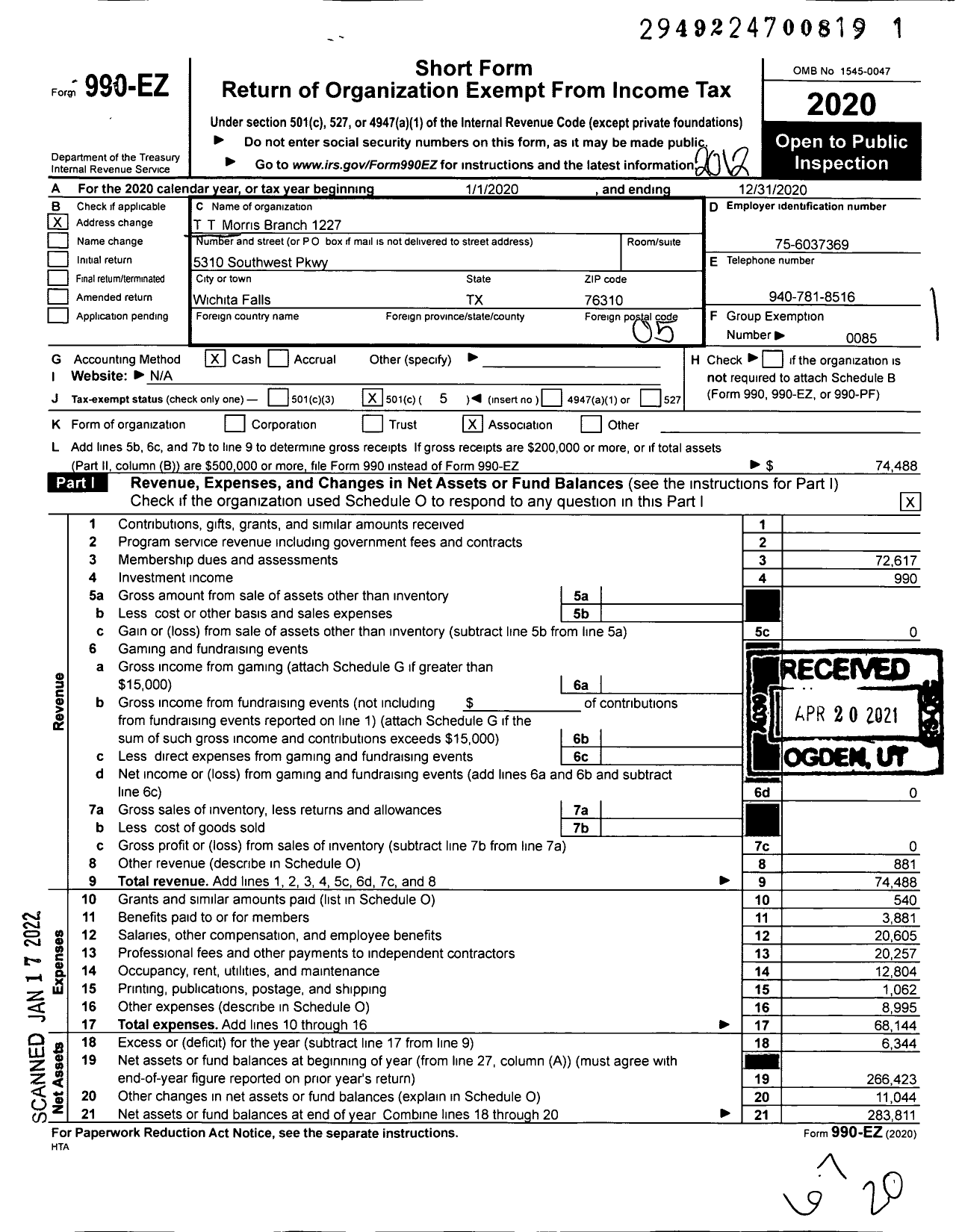 Image of first page of 2020 Form 990EO for National Association of Letter Carriers - 1227 T T Morris Branch