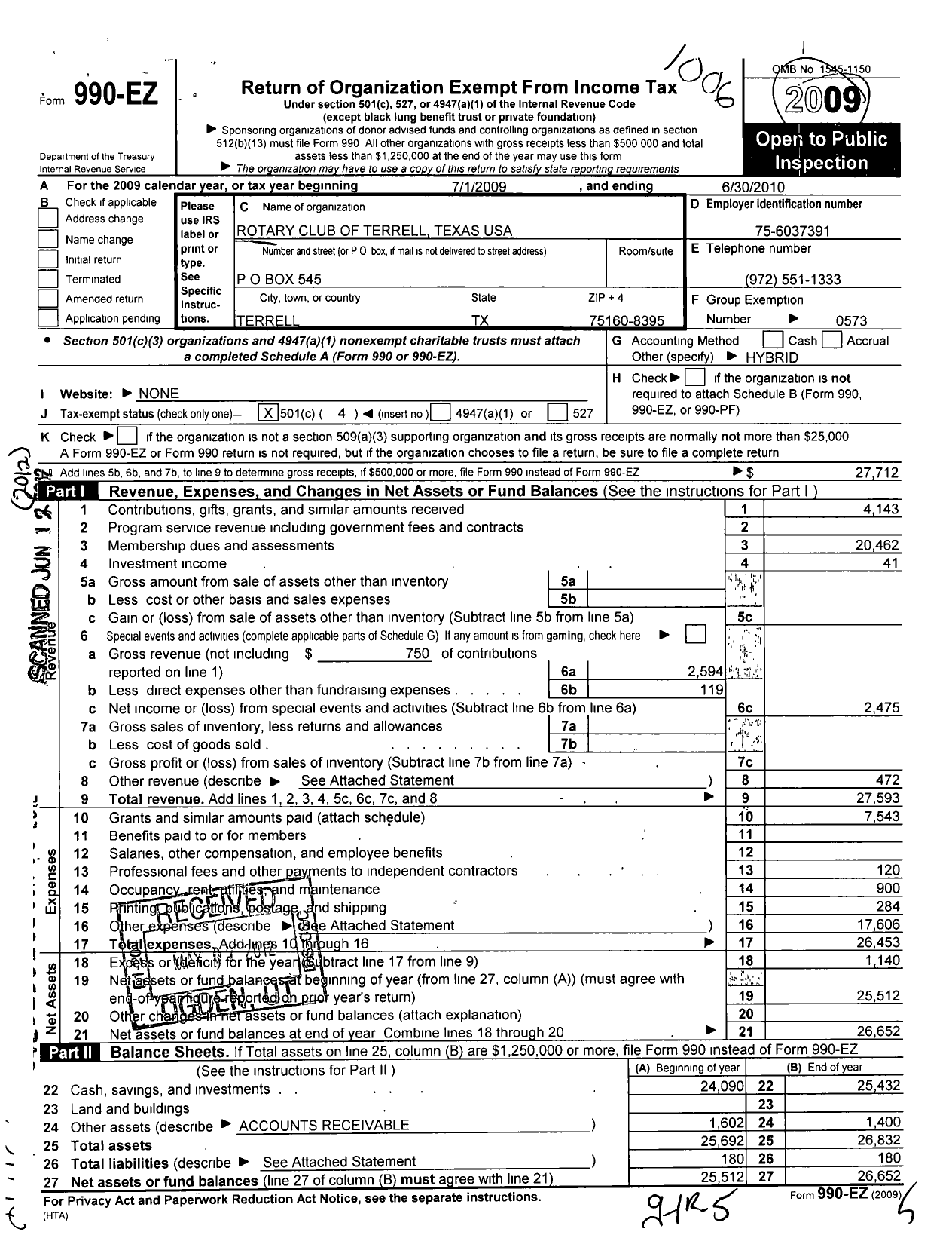 Image of first page of 2009 Form 990EO for Rotary International - Terrell Texas USA