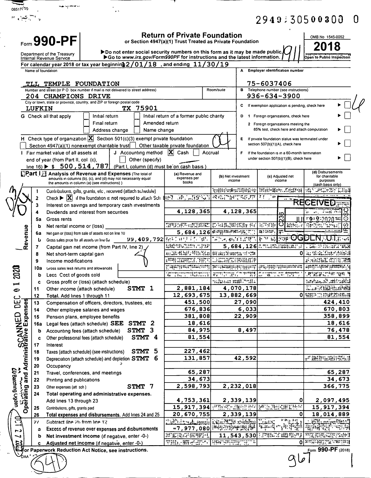 Image of first page of 2018 Form 990PF for TLL Temple Foundation