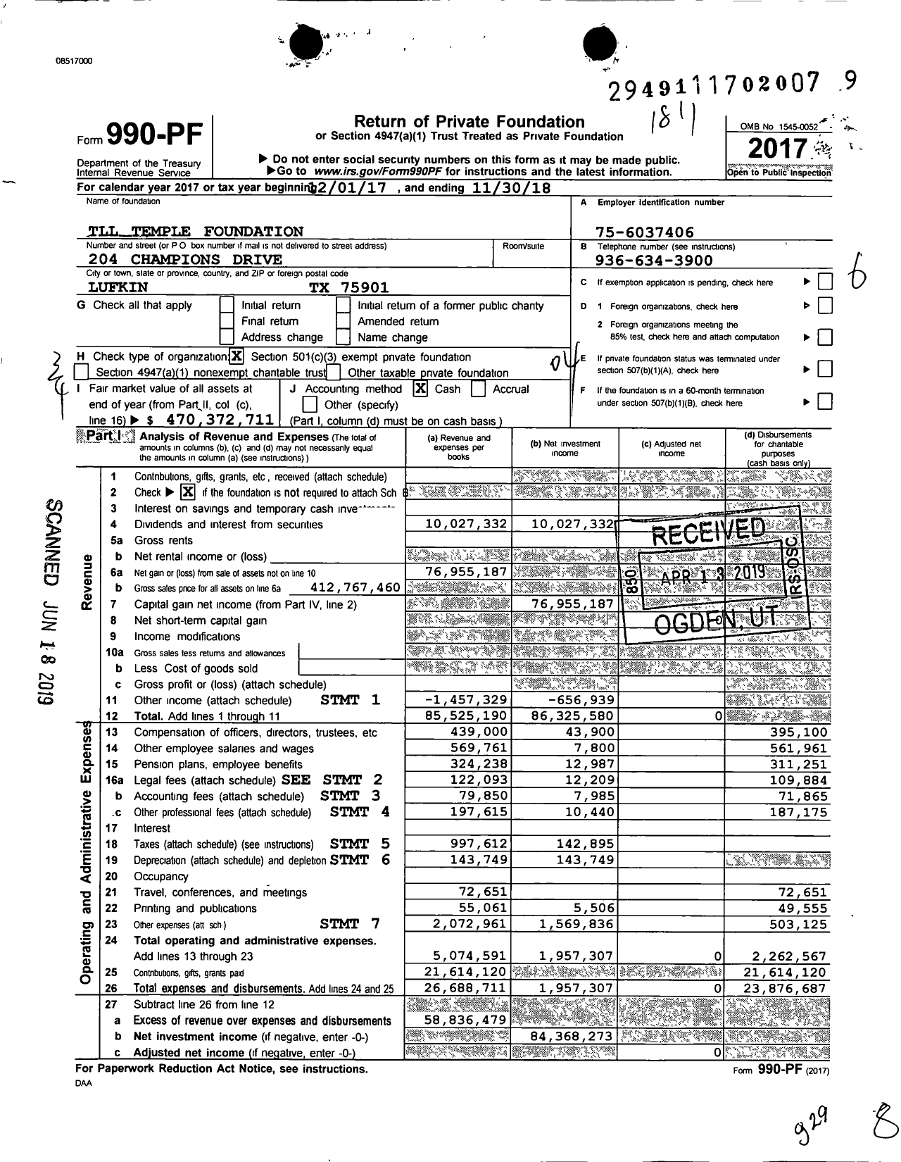 Image of first page of 2017 Form 990PF for TLL Temple Foundation
