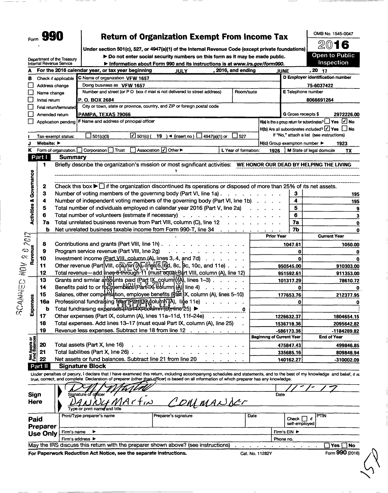Image of first page of 2016 Form 990O for Texas VFW - VFW Post 1657