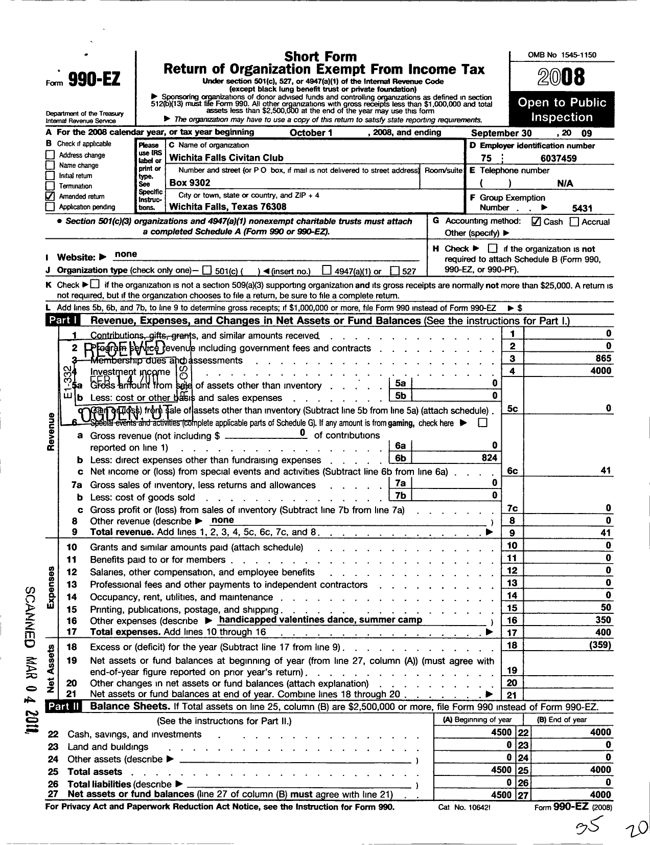 Image of first page of 2008 Form 990EO for Civitan International / Wichita Falls TX