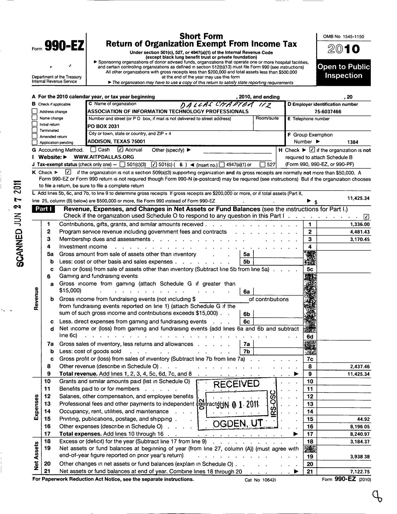 Image of first page of 2010 Form 990EO for Association of Information Technology Professionals - 112 Dallas Chapter