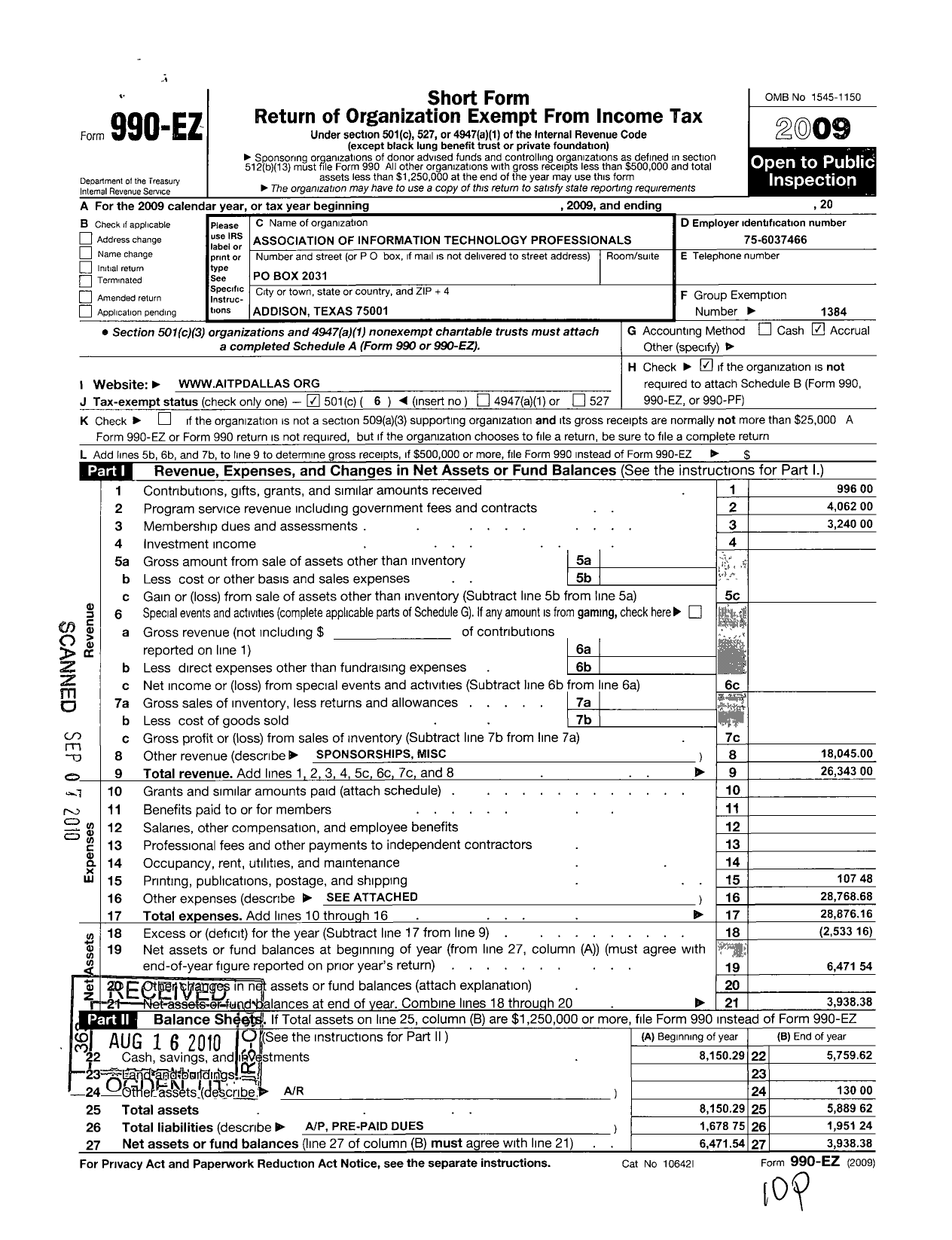 Image of first page of 2009 Form 990EO for Association of Information Technology Professionals - 112 Dallas Chapter