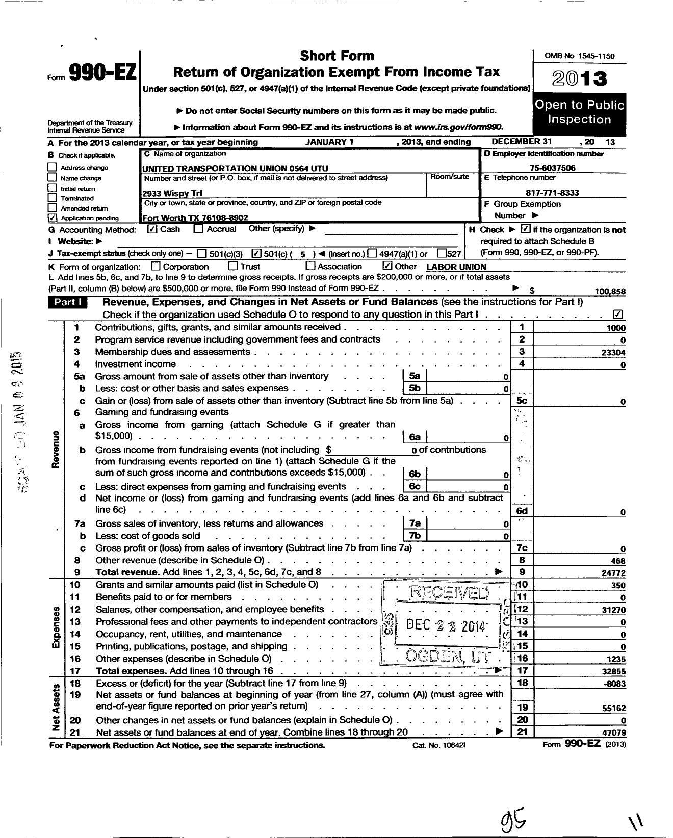 Image of first page of 2013 Form 990EO for Smart Union - 564 TD