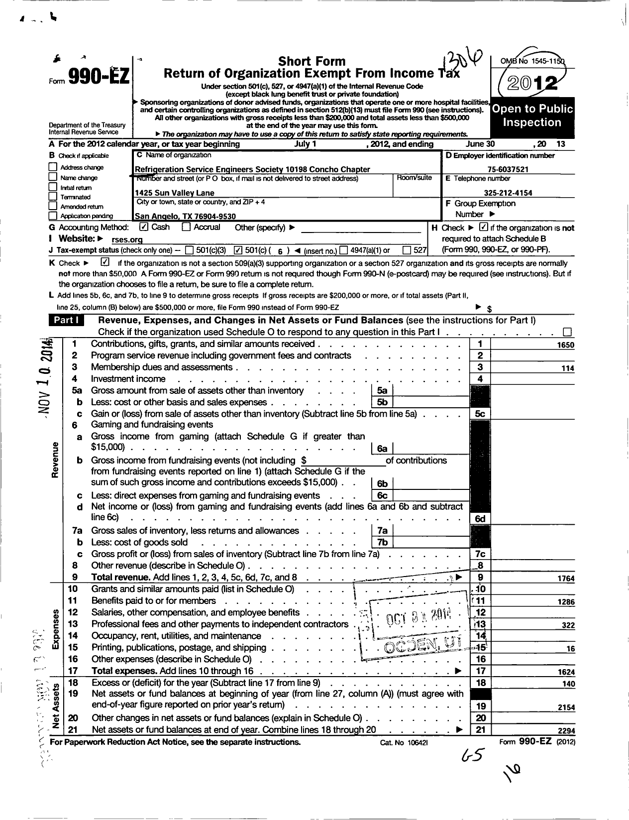 Image of first page of 2012 Form 990EO for Refrigeration Service Engineers Society - 10198 Concho Chapter