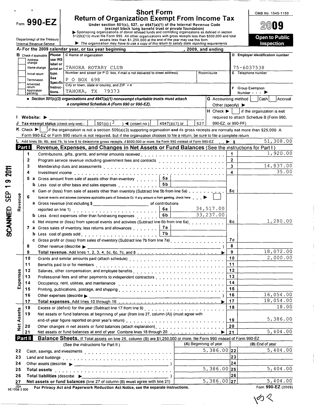 Image of first page of 2009 Form 990EZ for Rotary International - Tahoka Rotary Club