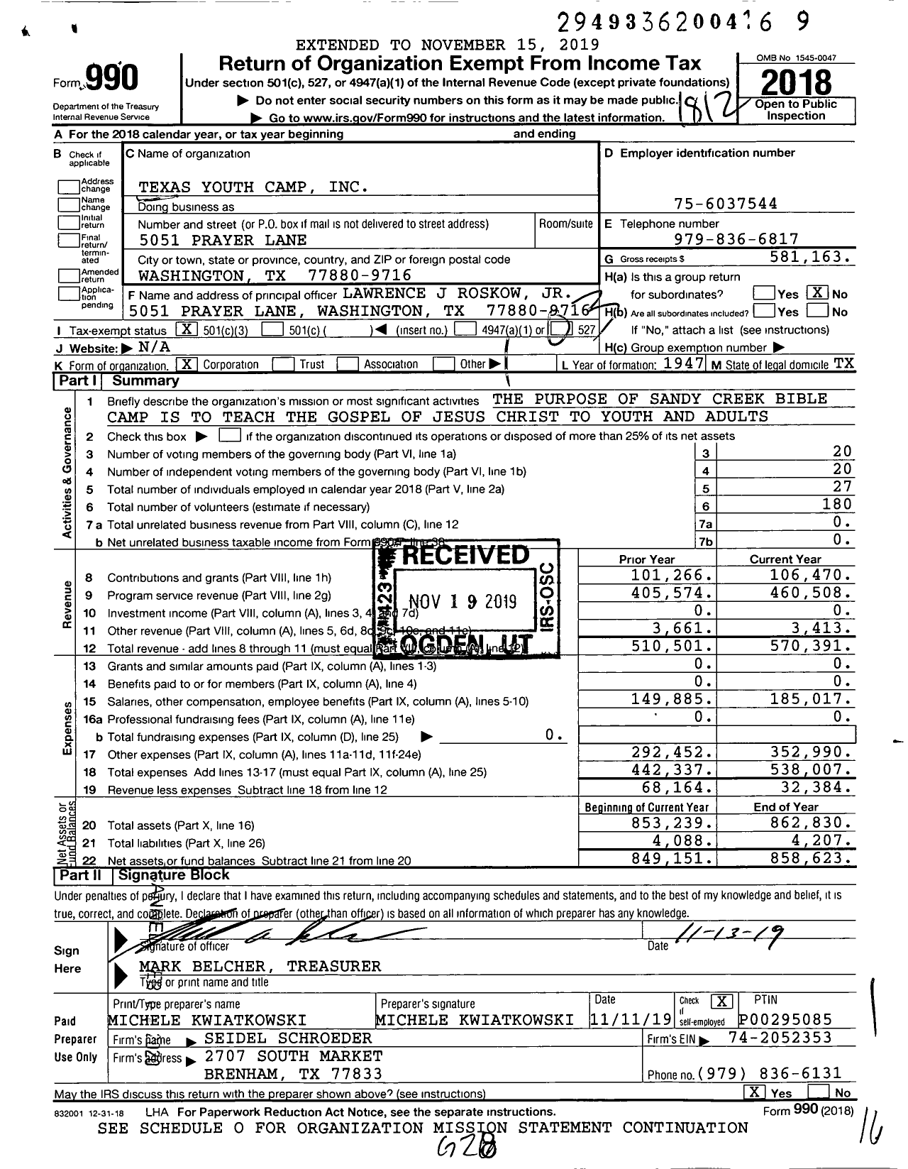 Image of first page of 2018 Form 990 for Texas Youth Camp