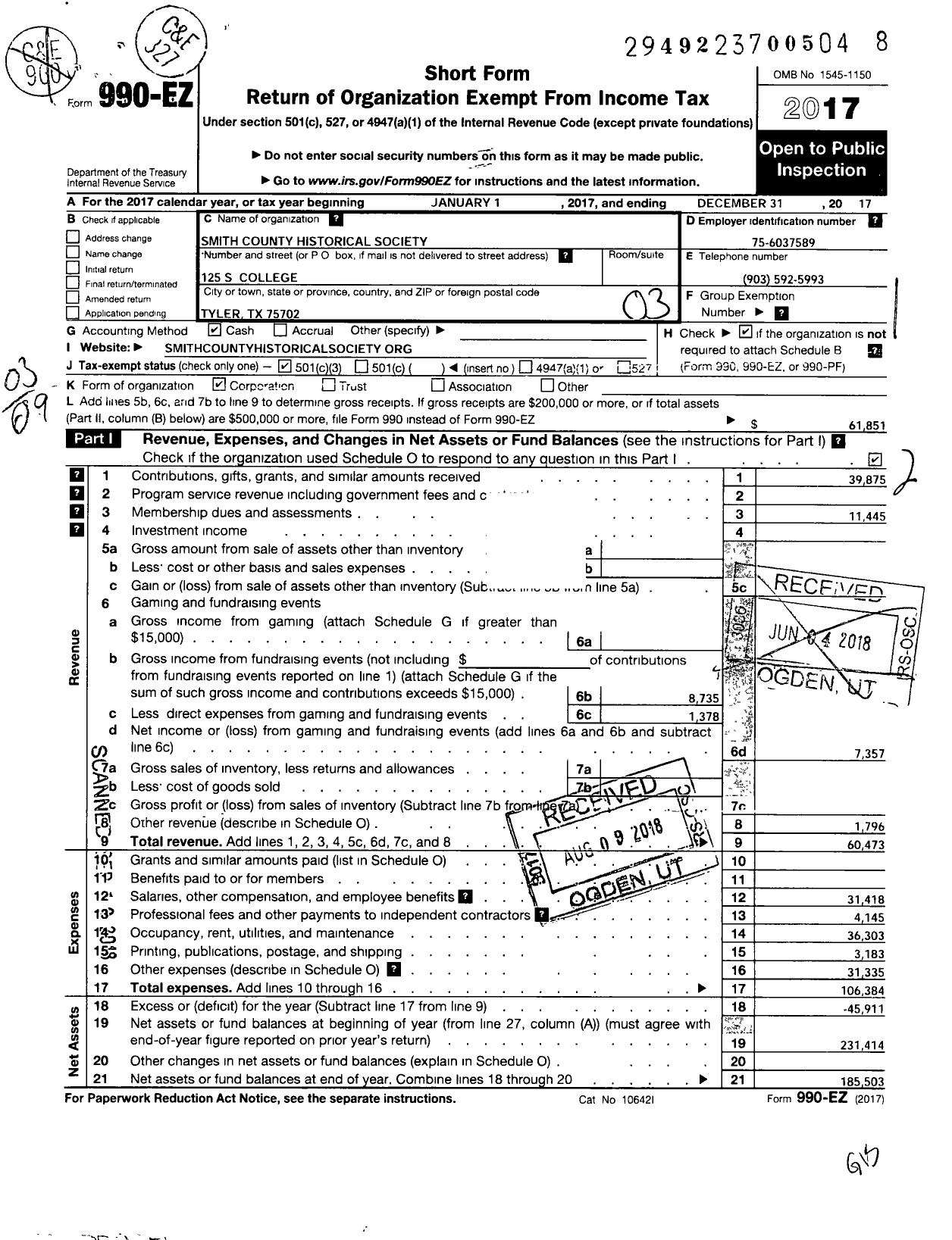 Image of first page of 2017 Form 990EZ for Smith County Historical Society