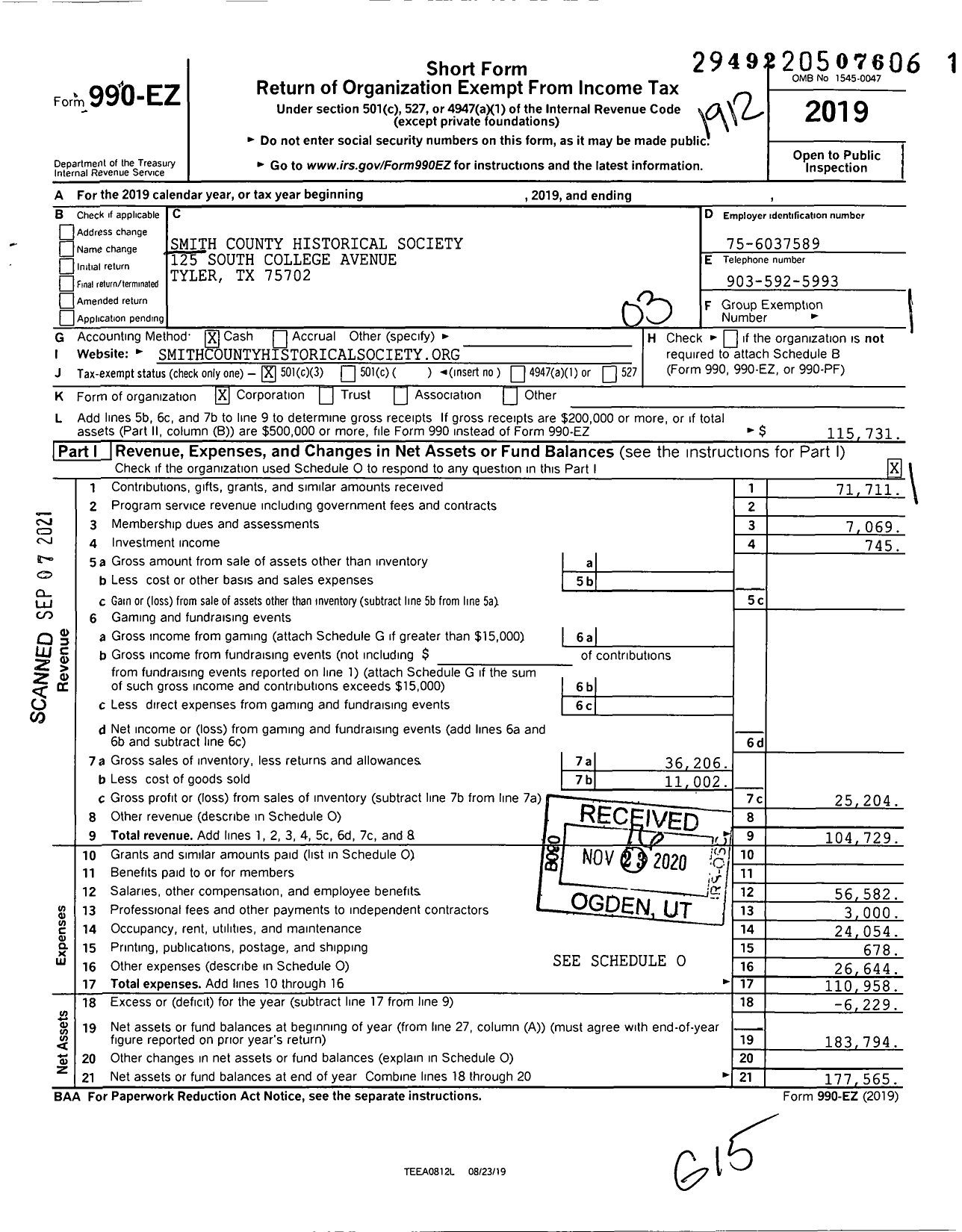 Image of first page of 2019 Form 990EZ for Smith County Historical Society