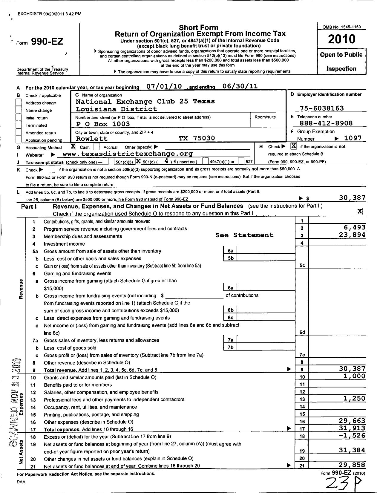 Image of first page of 2010 Form 990EO for National Exchange Club - 25 Texas