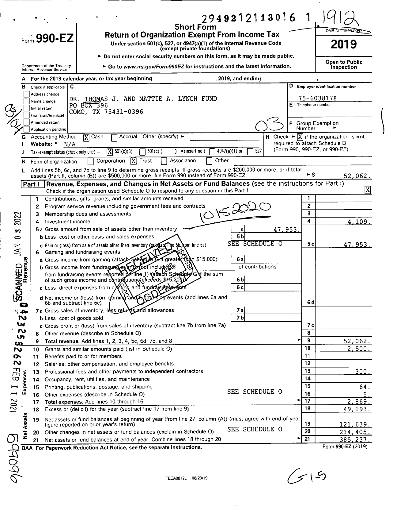 Image of first page of 2019 Form 990EZ for Thomas J and Mattie A Lynch Fund