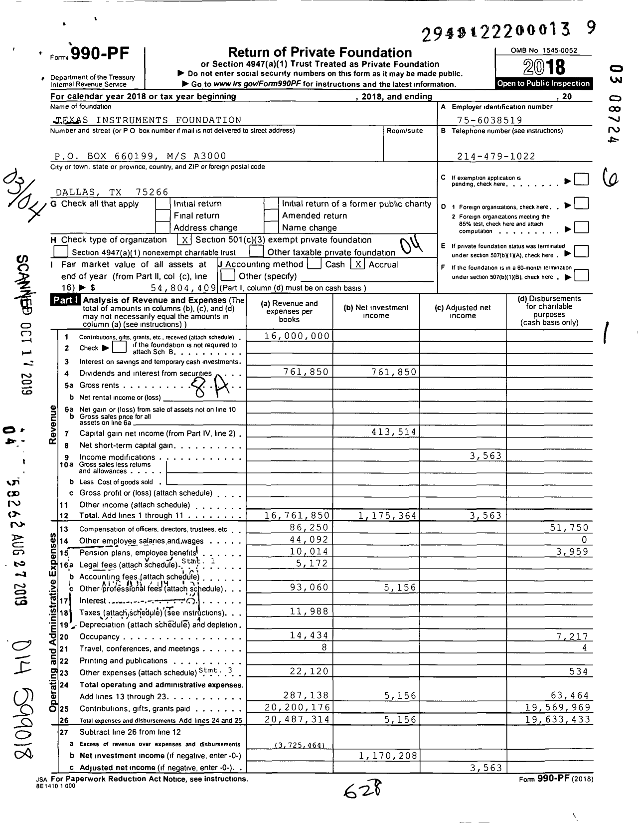 Image of first page of 2018 Form 990PF for Texas Instruments Foundation
