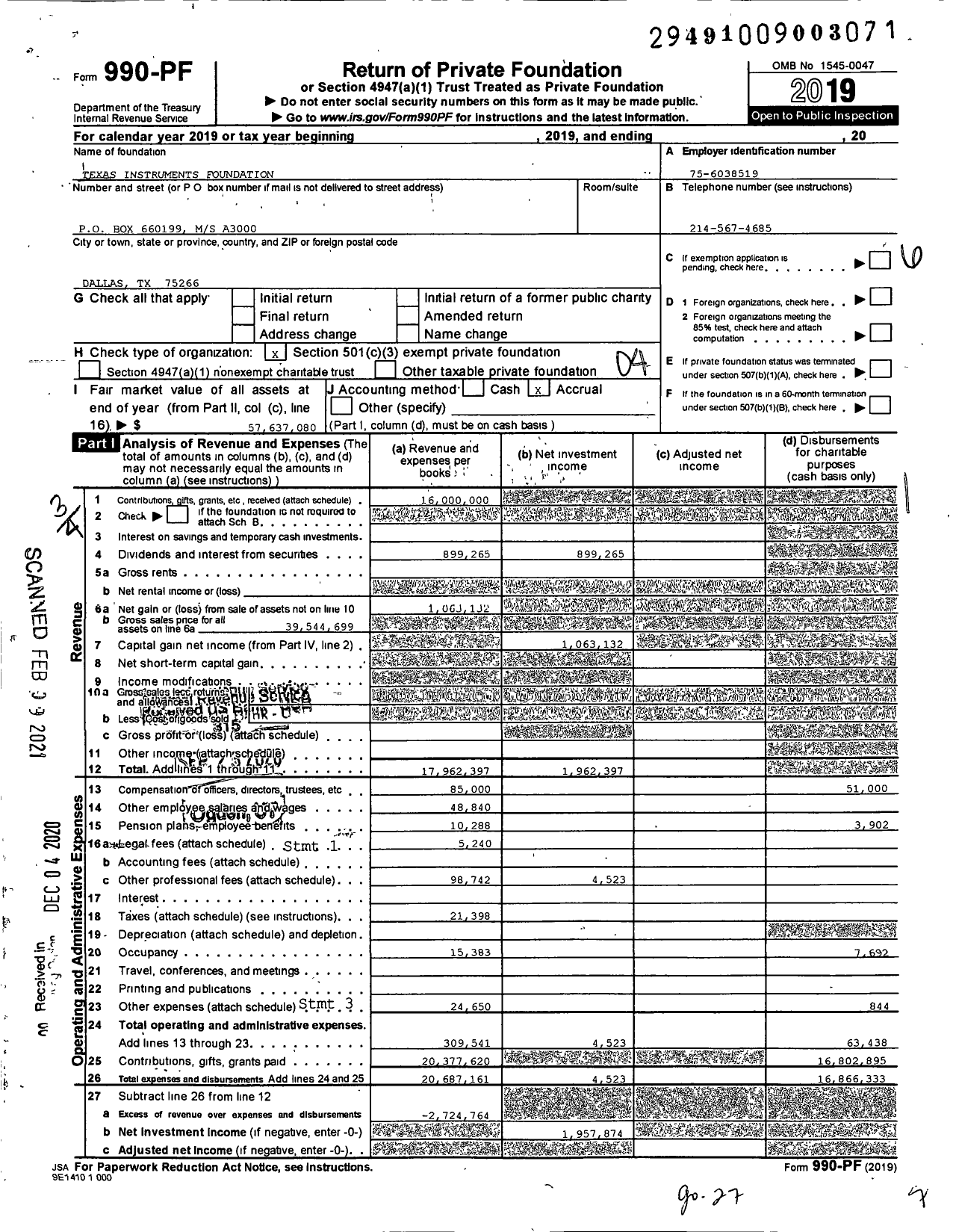 Image of first page of 2019 Form 990PF for Texas Instruments Foundation