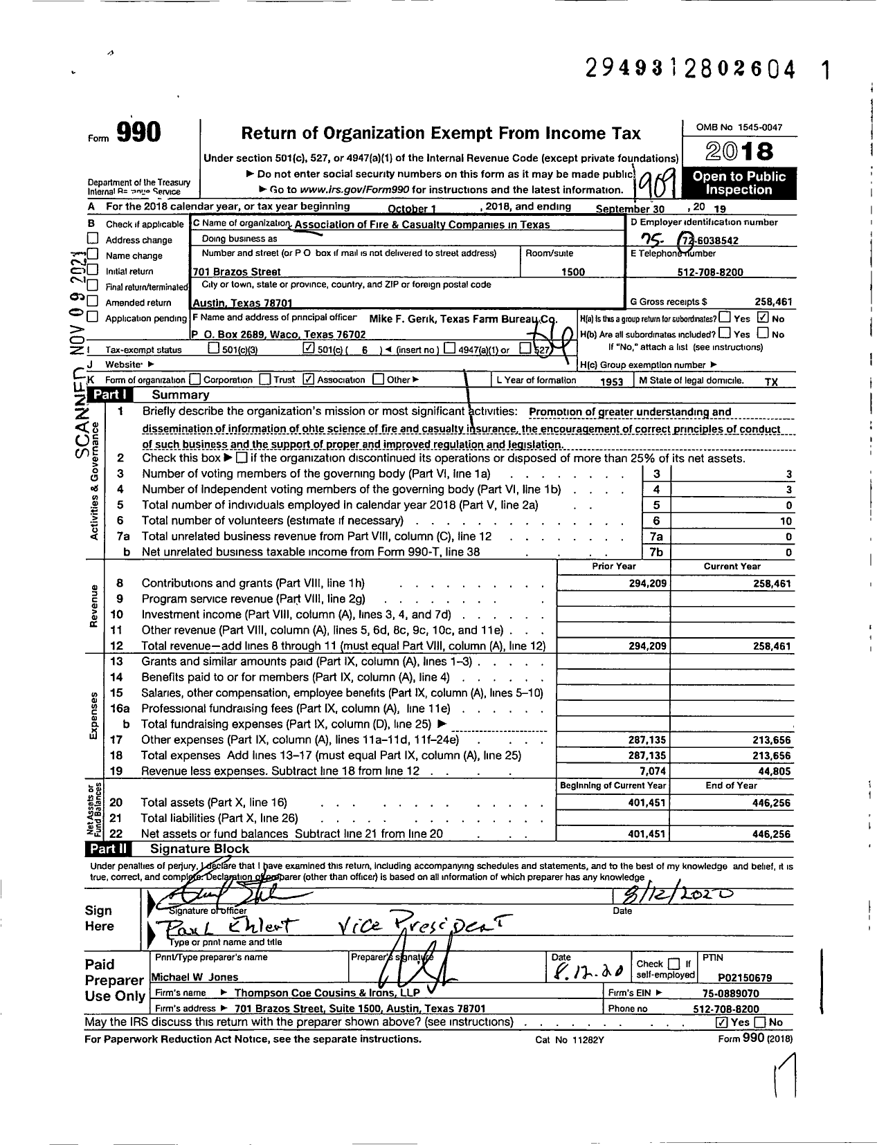 Image of first page of 2018 Form 990O for Association of Fire and Casualty Companies in Texas