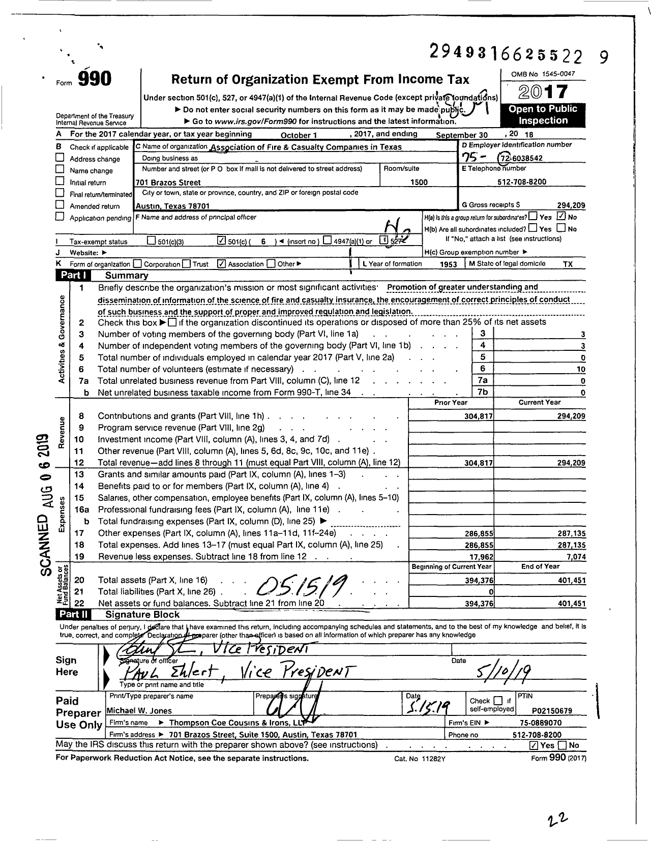 Image of first page of 2017 Form 990O for Association of Fire and Casualty Companies in Texas