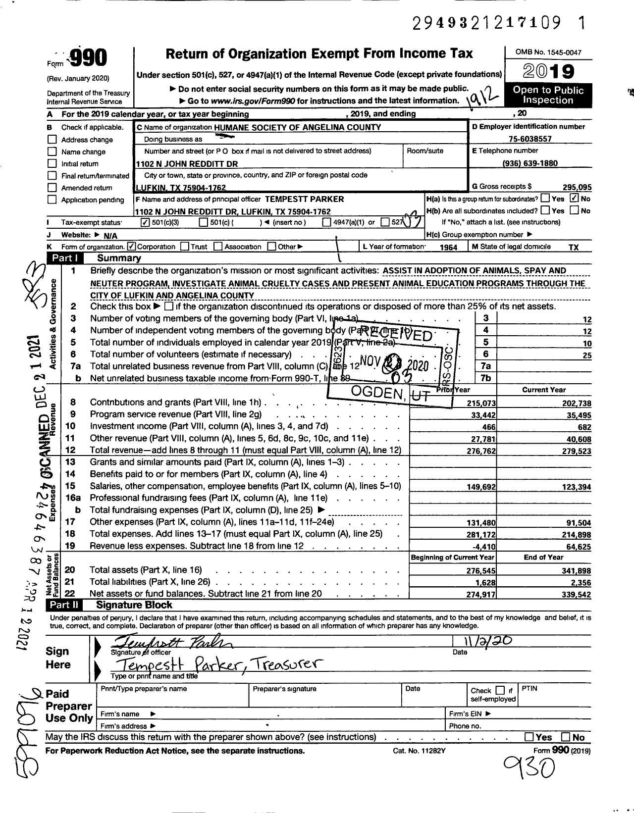 Image of first page of 2019 Form 990 for Humane Society of Angelina County Texas