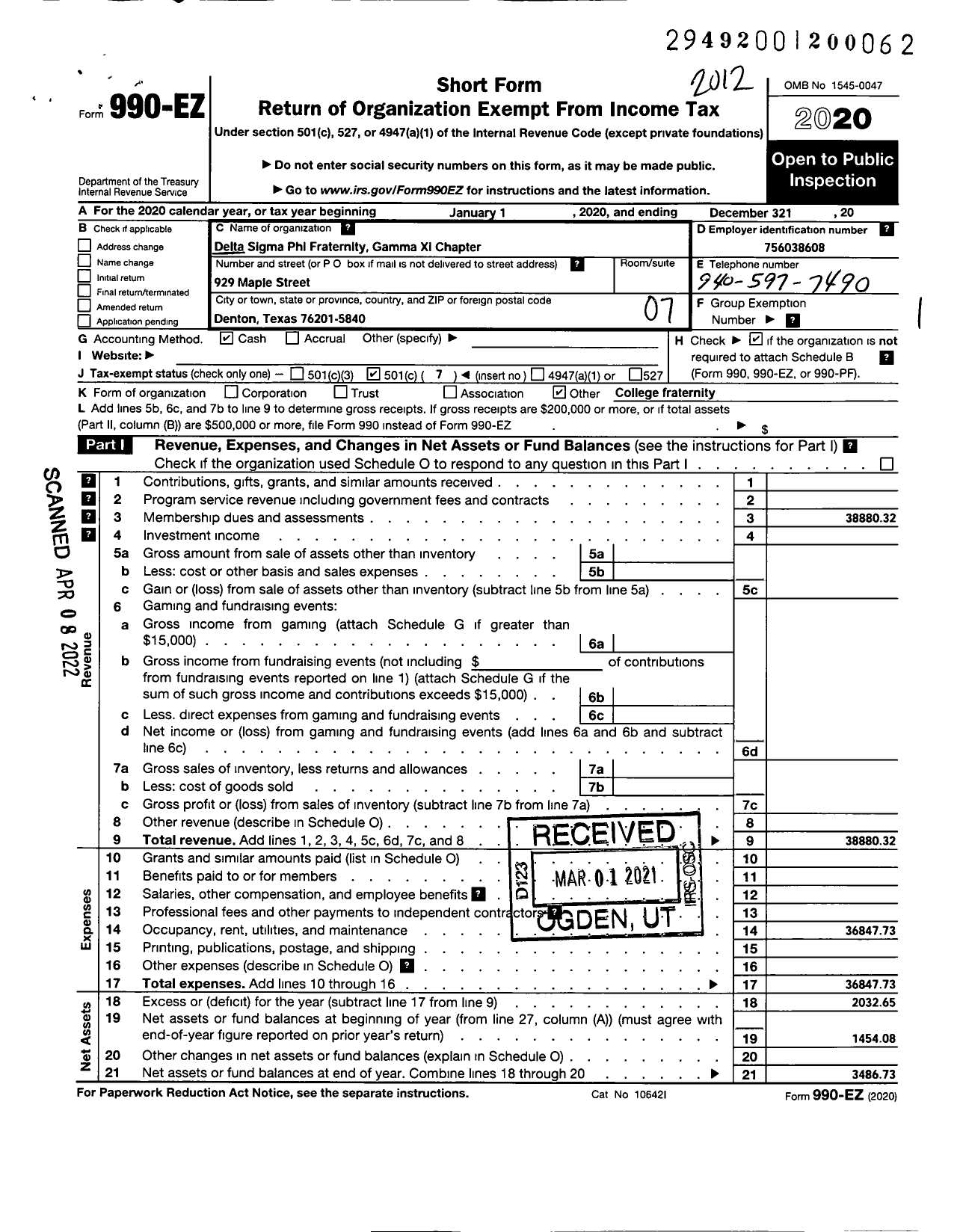 Image of first page of 2020 Form 990EO for Delta Sigma Phi Fraternity Gamma Xi Chapter