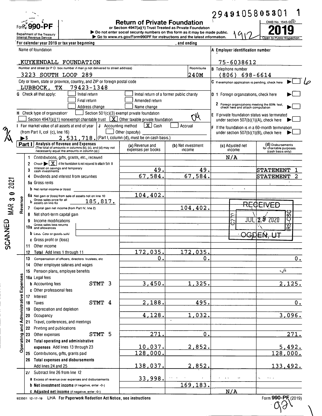 Image of first page of 2019 Form 990PF for Kuykendall Foundation